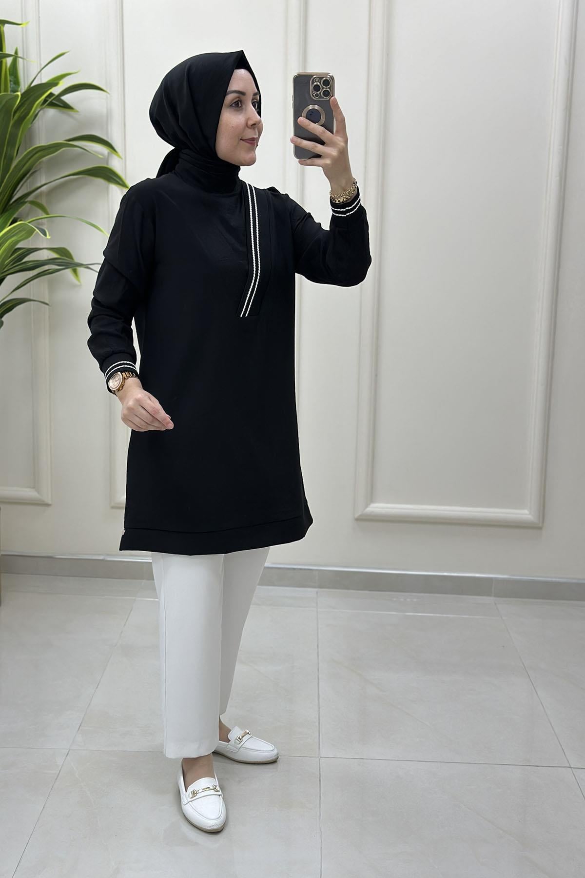 Tesettür Tunik ModelleriArmine Trend Ribana Detaylı Kadın Tunik Siyah ARM 4143