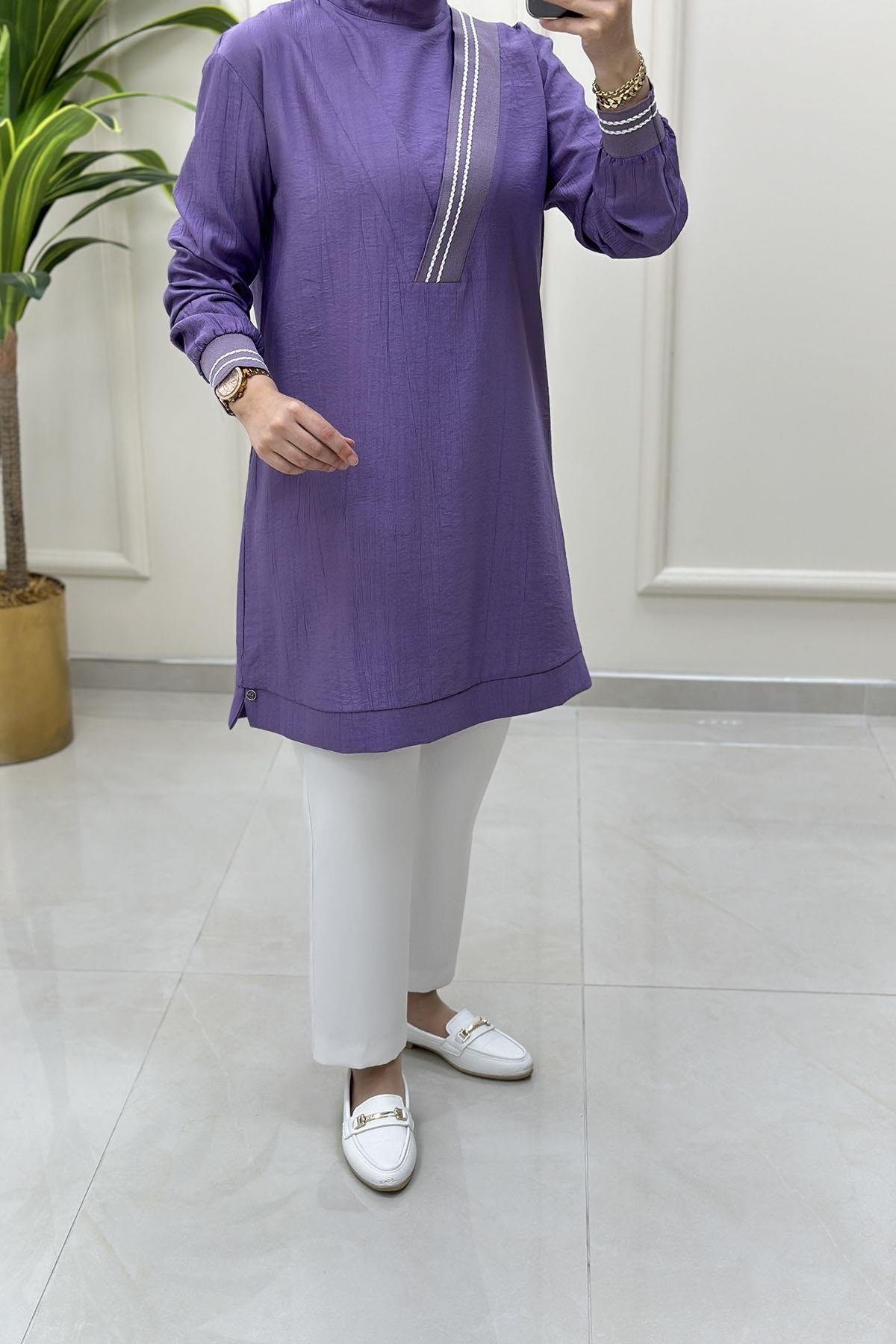 Tesettür Tunik ModelleriArmine Trend Ribana Detaylı Kadın Tunik Mor ARM 4143