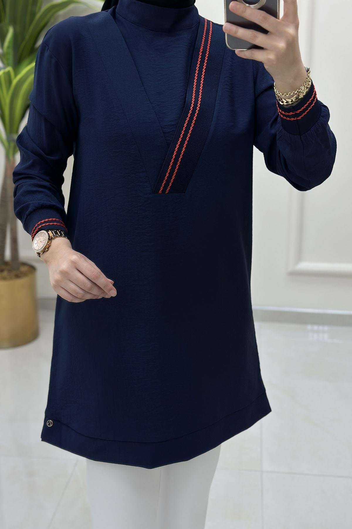 Tesettür Tunik ModelleriArmine Trend Ribana Detaylı Kadın Tunik Lacivert ARM 4143