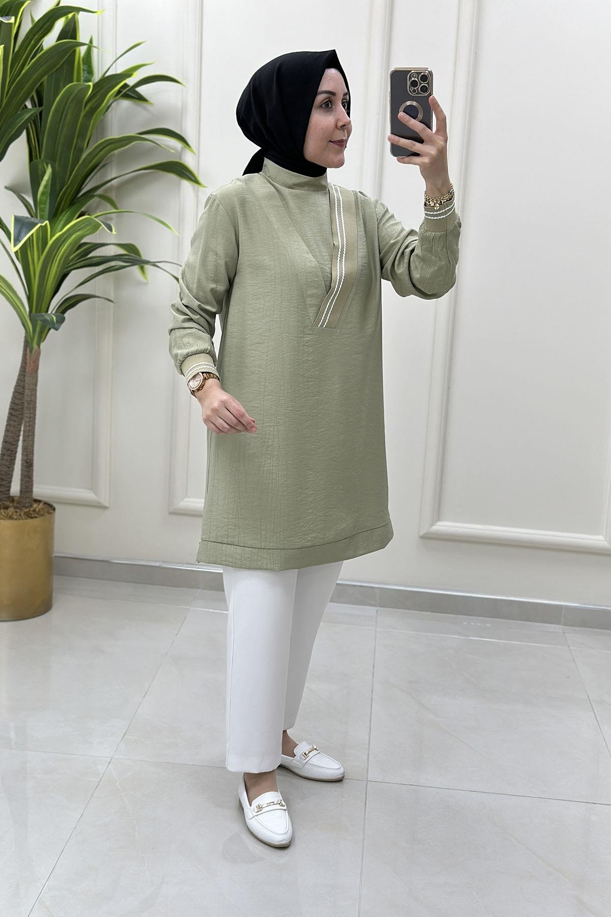 Tesettür Tunik ModelleriArmine Trend Ribana Detaylı Kadın Tunik Küf Yeşili ARM 4143