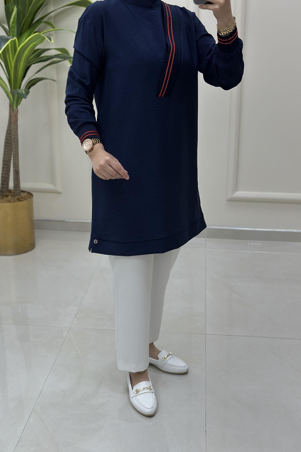 Tesettür Tunik ModelleriArmine Trend Ribana Detaylı Kadın Tunik Lacivert ARM 4143