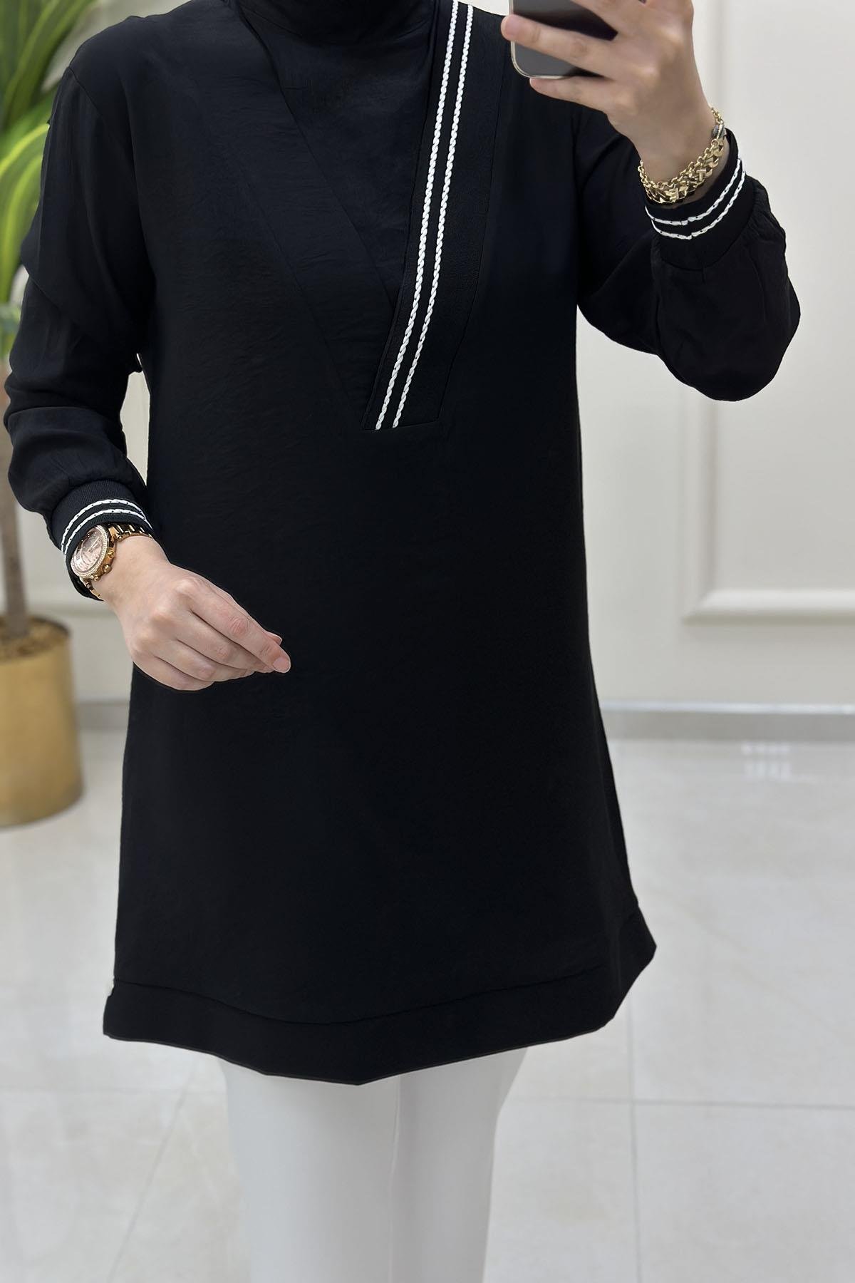 Tesettür Tunik ModelleriArmine Trend Ribana Detaylı Kadın Tunik Siyah ARM 4143