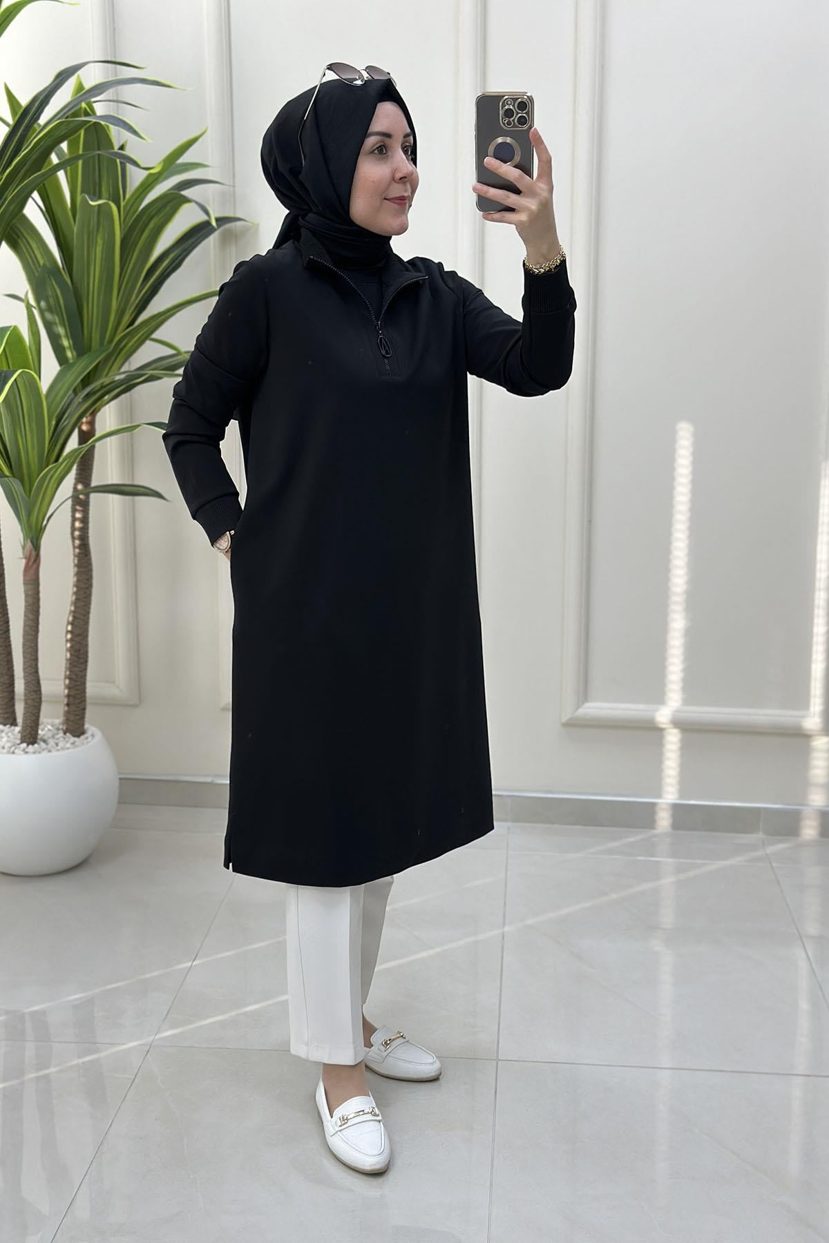 Tesettür Tunik ModelleriArmine Trend Yaka ve Kol Ribana Detaylı Kadın Tunik Siyah ARM 456