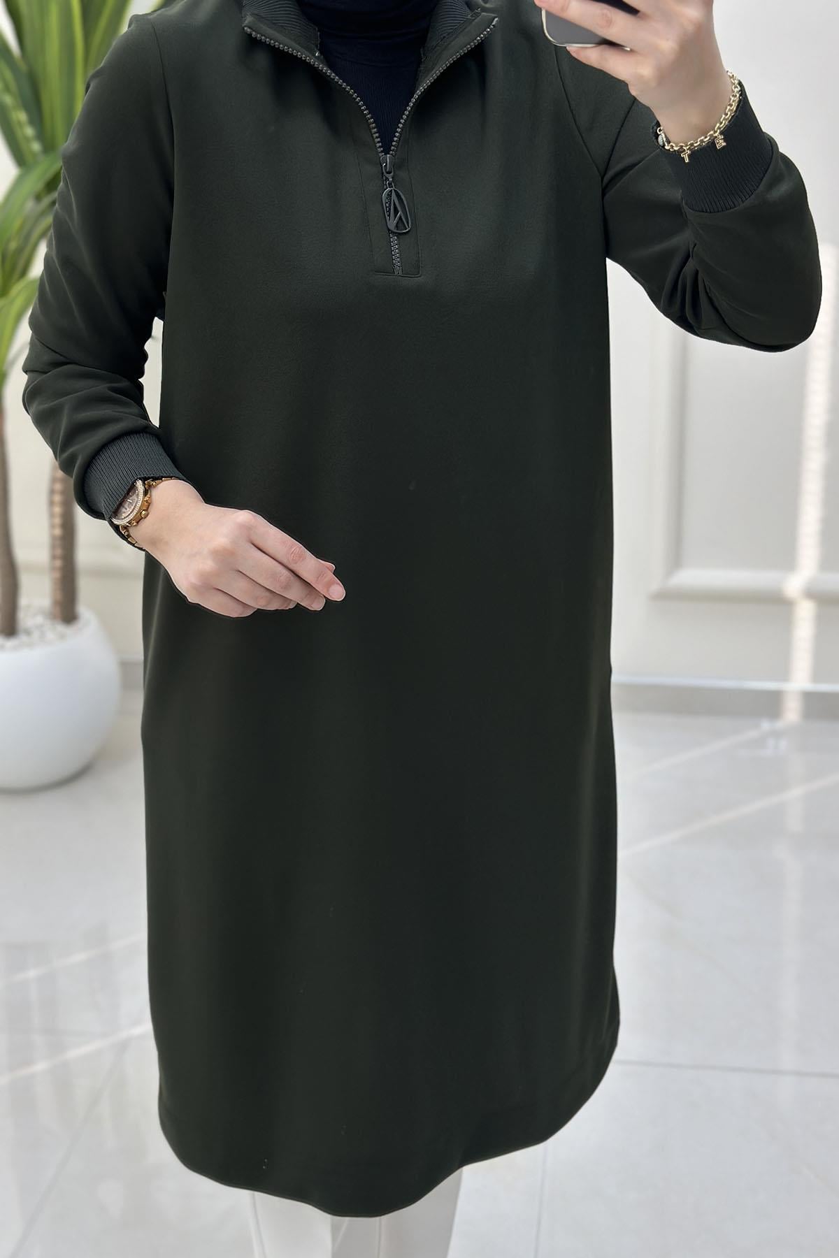Tesettür Tunik ModelleriArmine Trend Yaka ve Kol Ribana Detaylı Kadın Tunik Yeşil ARM 456