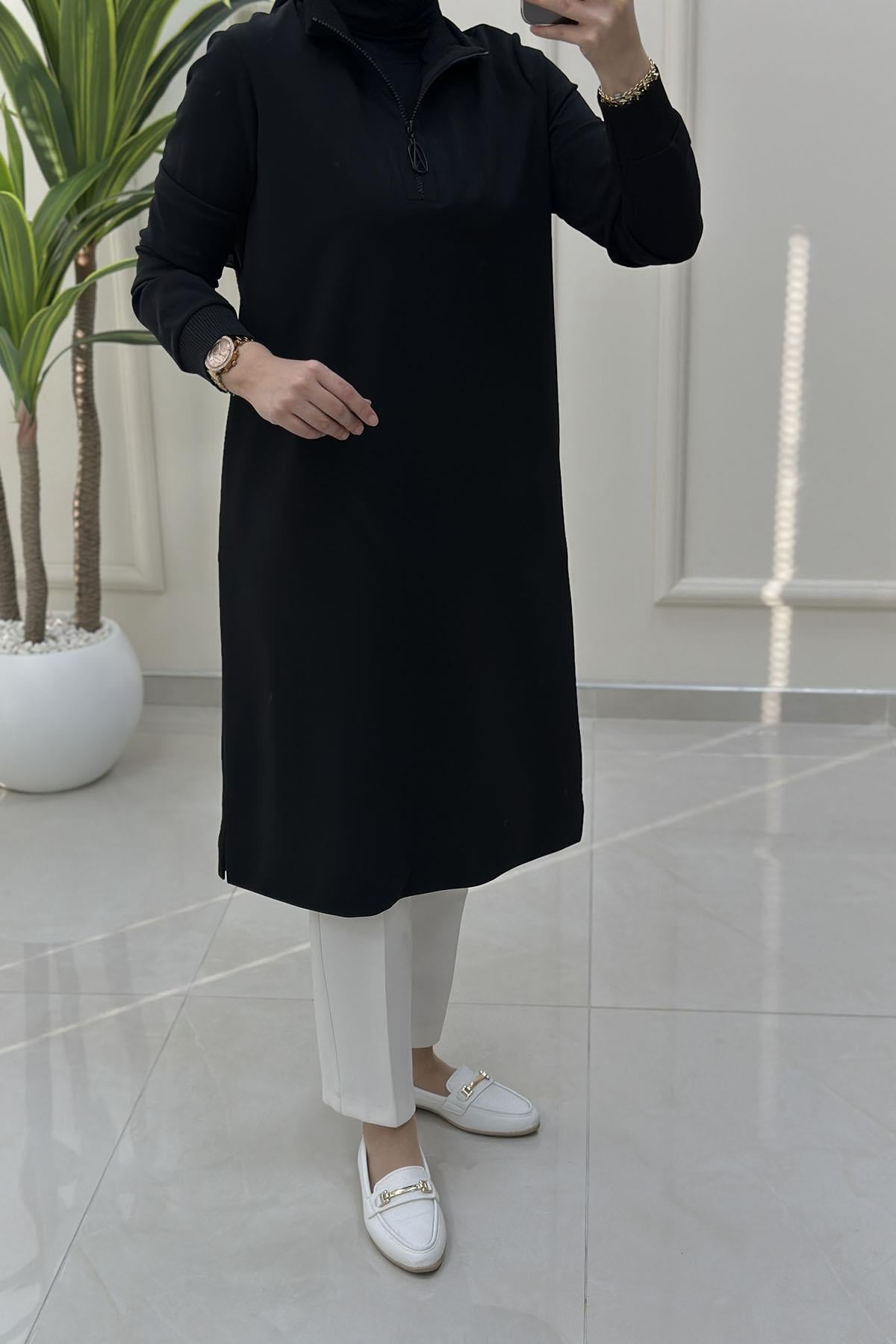 Tesettür Tunik ModelleriArmine Trend Yaka ve Kol Ribana Detaylı Kadın Tunik Siyah ARM 456