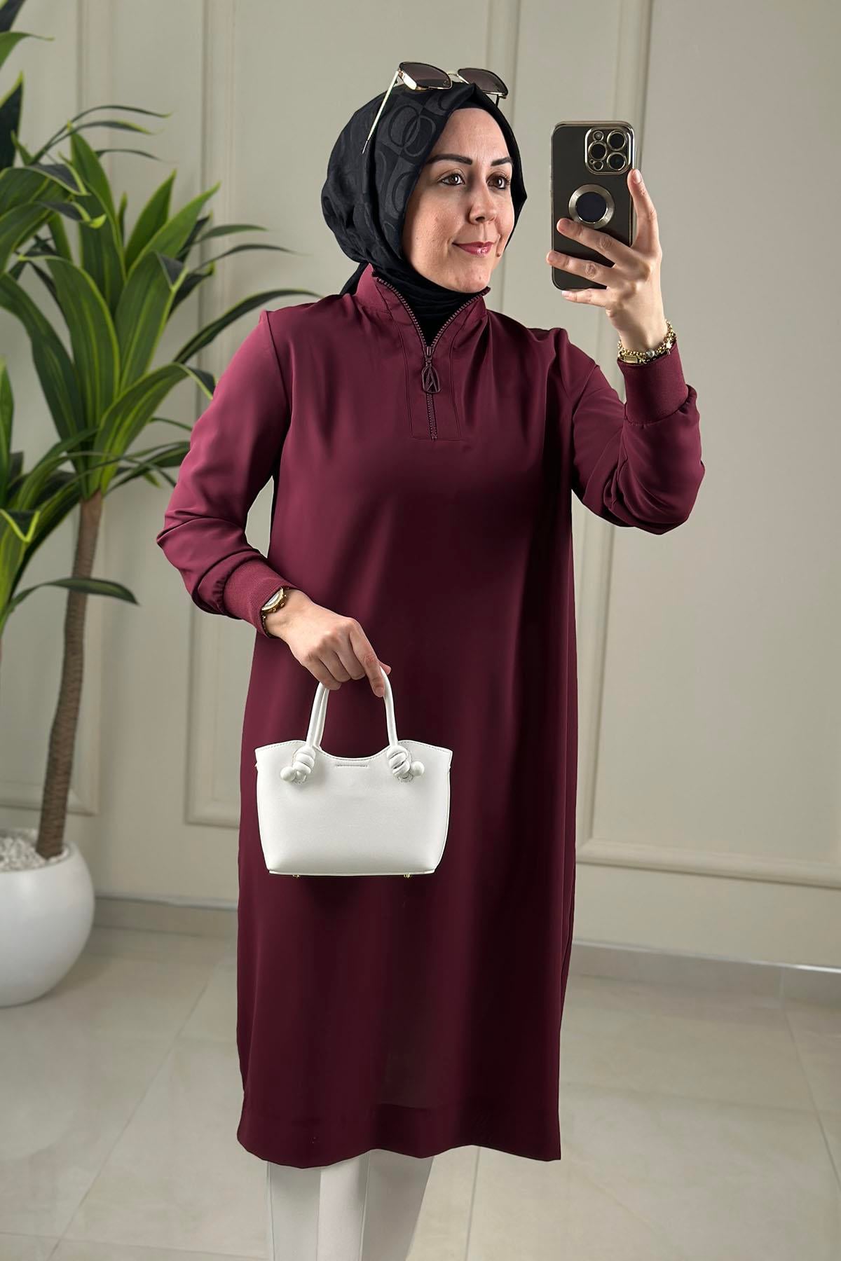 Tesettür Tunik ModelleriArmine Trend Yaka ve Kol Ribanalı Krep Kadın Tunik Mürdüm ARM 445
