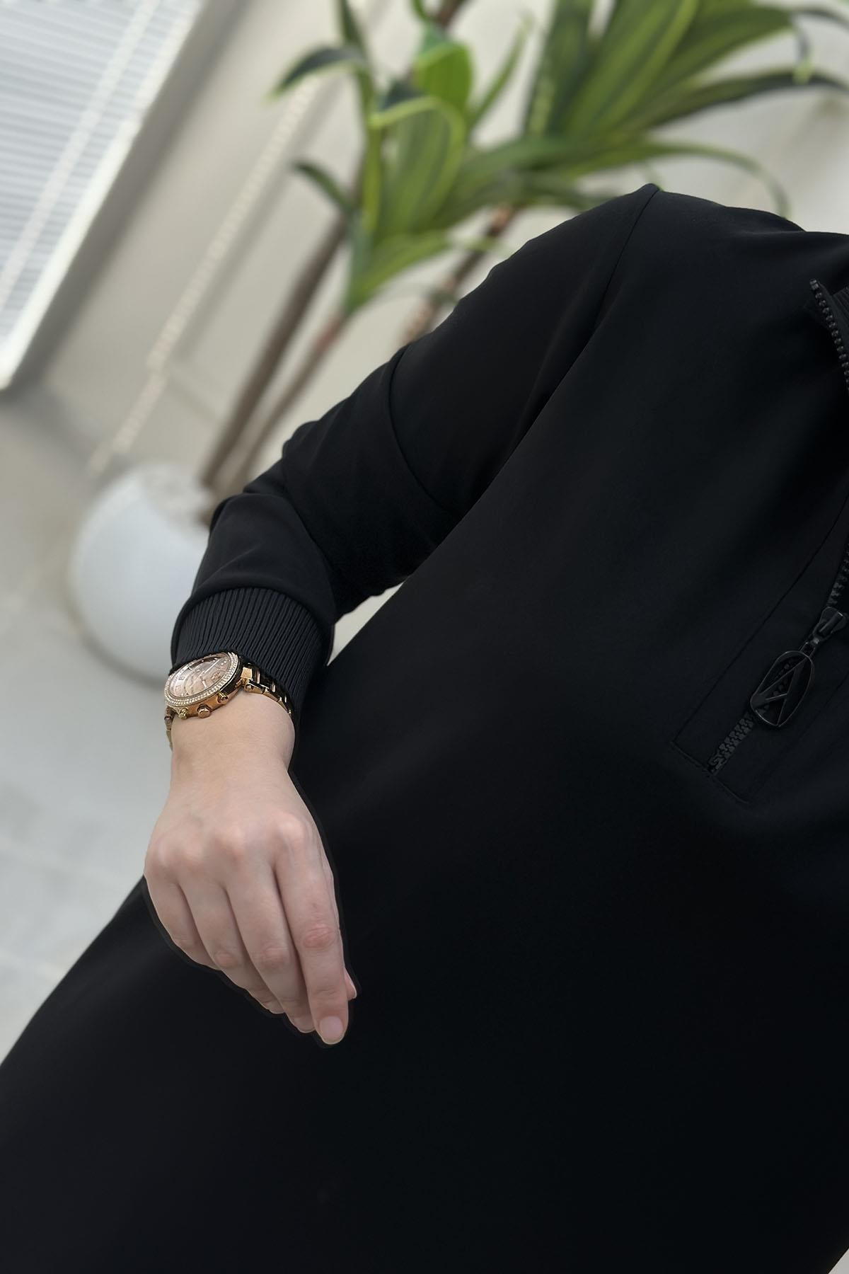 Tesettür Tunik ModelleriArmine Trend Yaka ve Kol Ribana Detaylı Kadın Tunik Siyah ARM 456