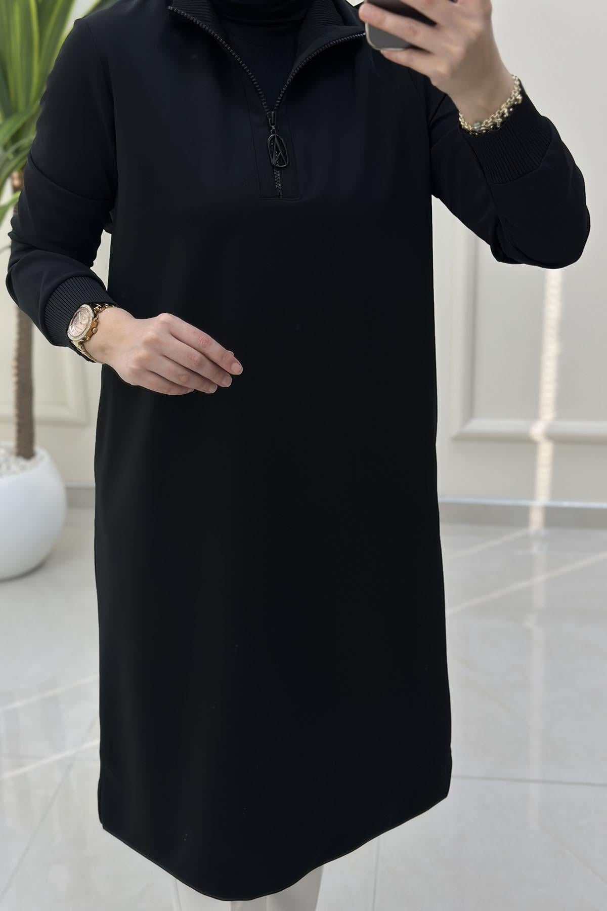 Tesettür Tunik ModelleriArmine Trend Yaka ve Kol Ribana Detaylı Kadın Tunik Siyah ARM 456