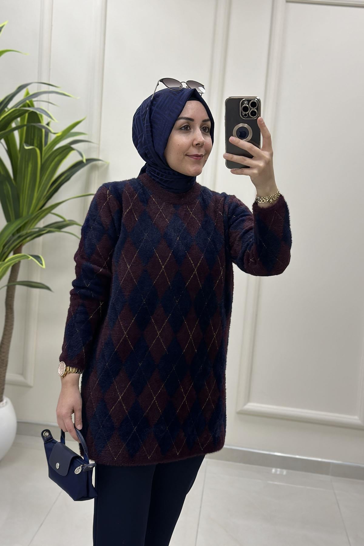 Tesettür Tunik ModelleriBaklava Desen Kadın Angora Tunik Lacivert-Bordo SRY 5043