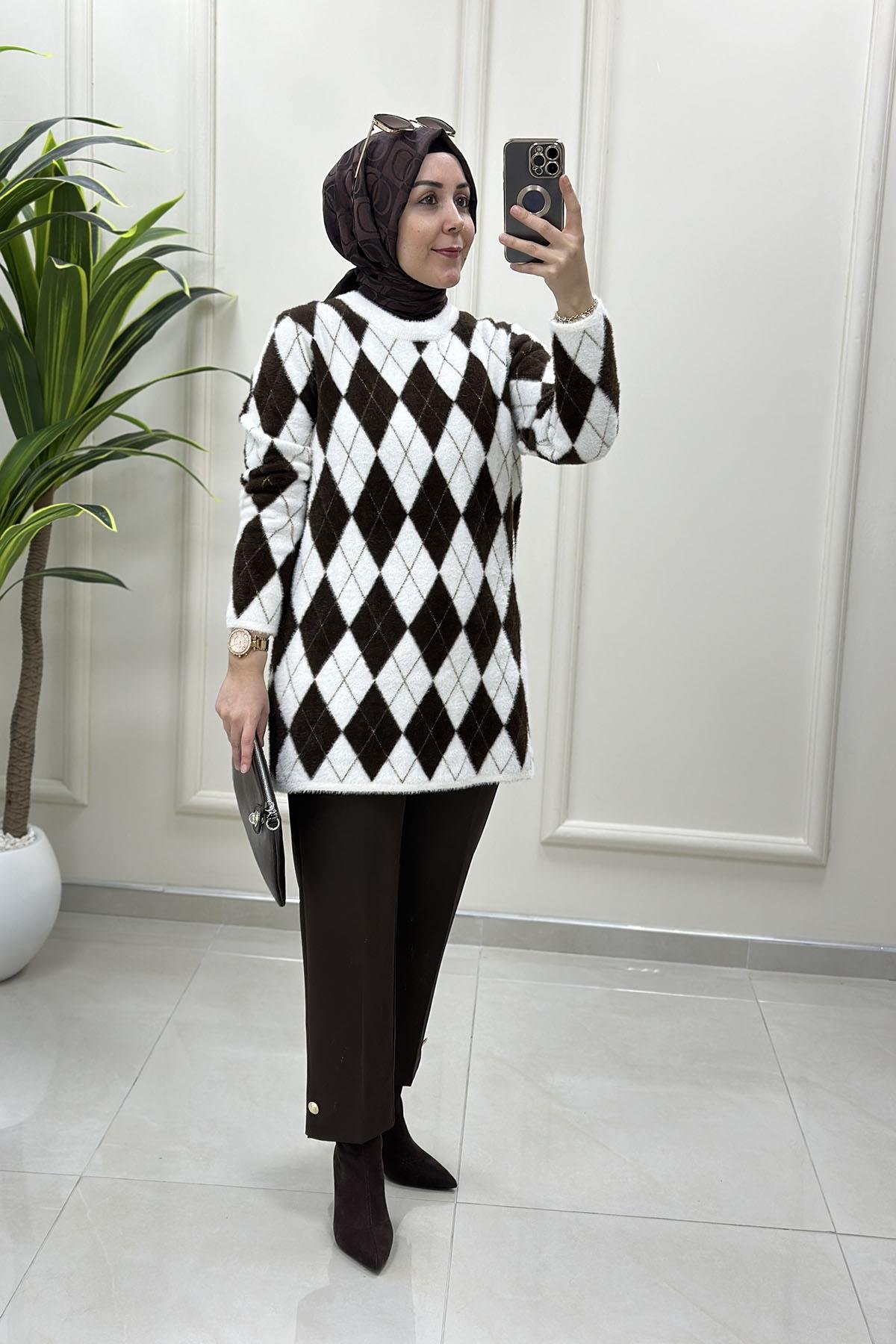 Tesettür Tunik ModelleriBaklava Desen Kadın Angora Tunik Bej SRY 5043