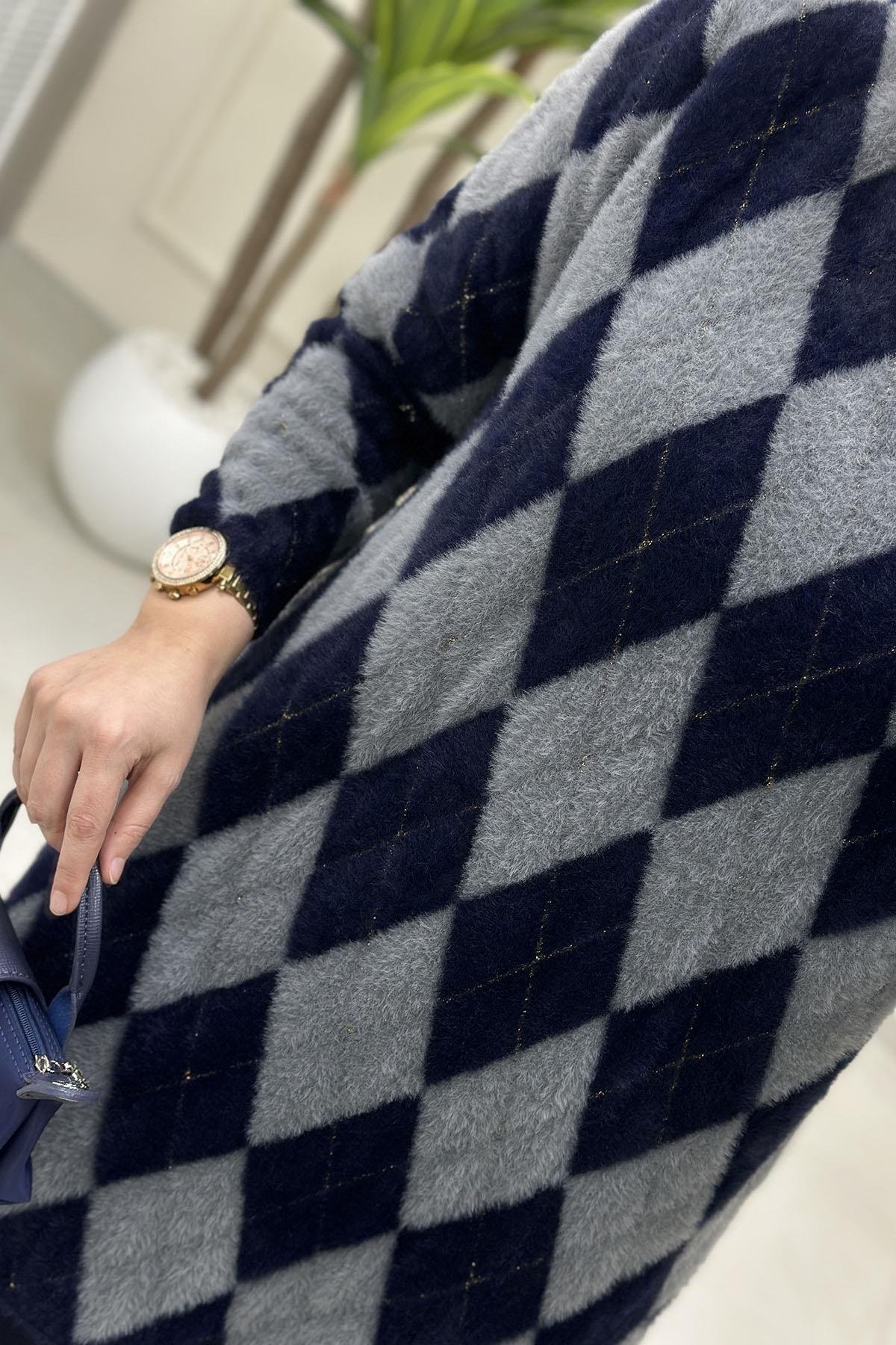 Tesettür Tunik ModelleriBaklava Desen Kadın Angora Tunik Lacivert-Gri SRY 5043