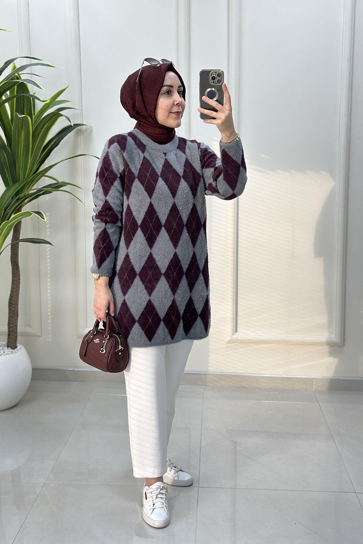 Tesettür Tunik ModelleriBaklava Desen Kadın Angora Tunik Gri SRY 5043