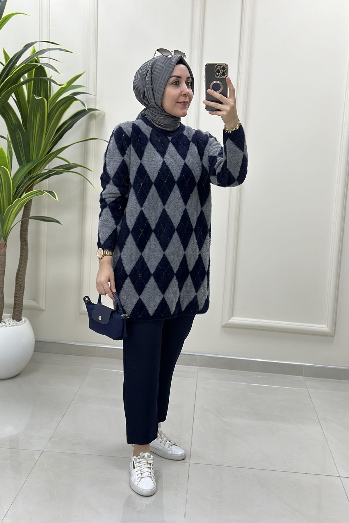Tesettür Tunik ModelleriBaklava Desen Kadın Angora Tunik Lacivert-Gri SRY 5043