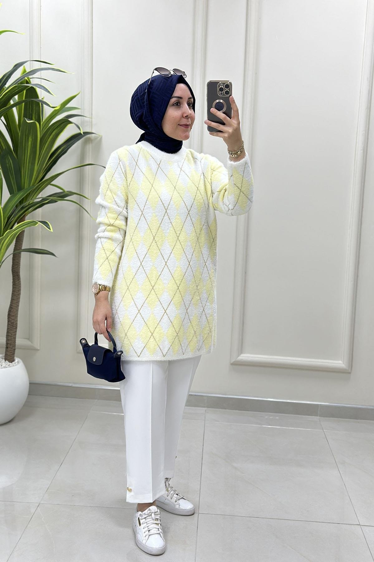 Tesettür Tunik ModelleriBaklava Desen Kadın Angora Tunik Sarı SRY 5043