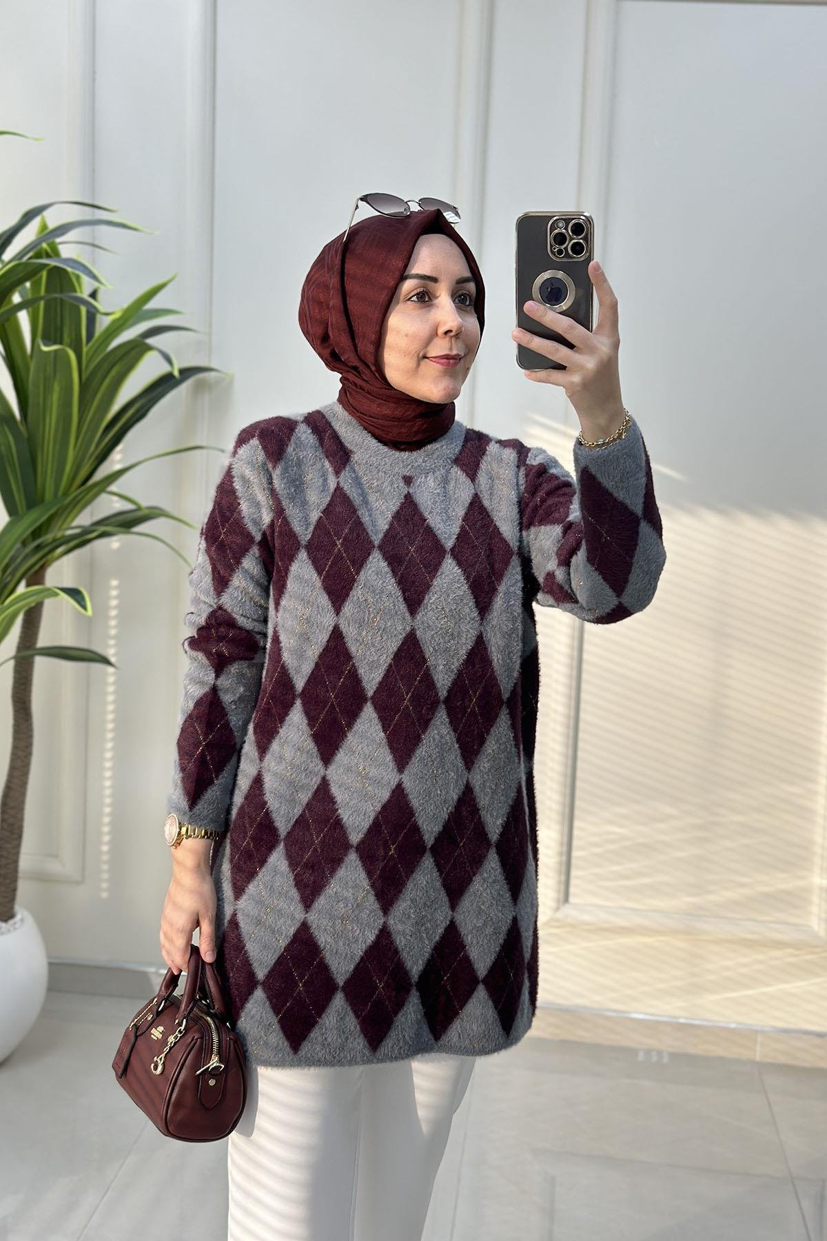 Tesettür Tunik ModelleriBaklava Desen Kadın Angora Tunik Gri SRY 5043