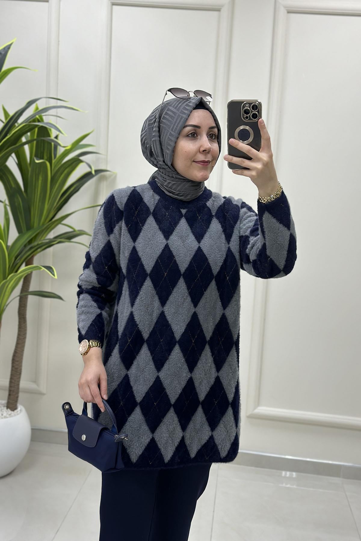Tesettür Tunik ModelleriBaklava Desen Kadın Angora Tunik Lacivert-Gri SRY 5043