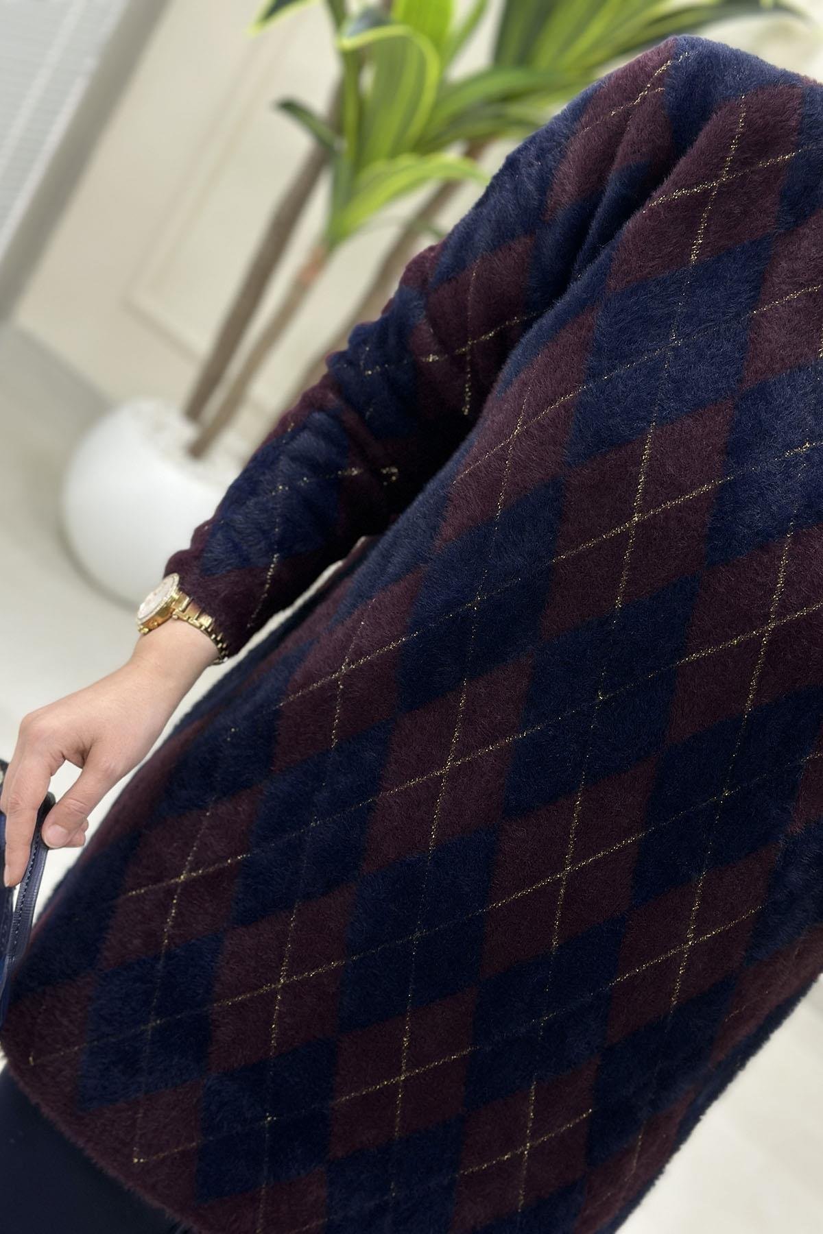 Tesettür Tunik ModelleriBaklava Desen Kadın Angora Tunik Lacivert-Bordo SRY 5043