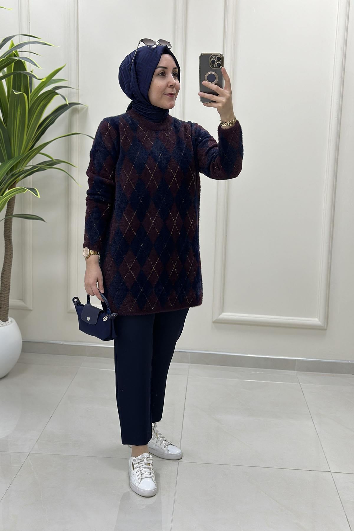Tesettür Tunik ModelleriBaklava Desen Kadın Angora Tunik Lacivert-Bordo SRY 5043