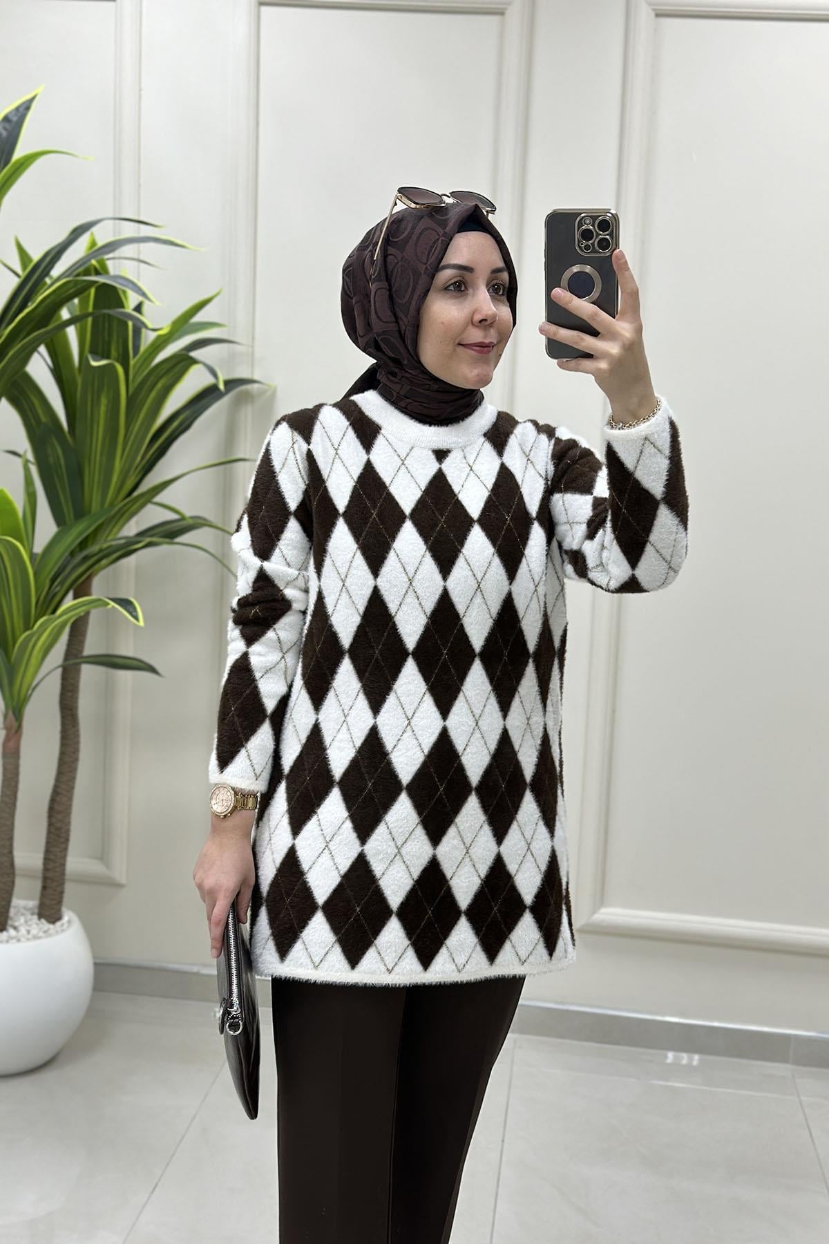 Tesettür Tunik ModelleriBaklava Desen Kadın Angora Tunik Bej SRY 5043