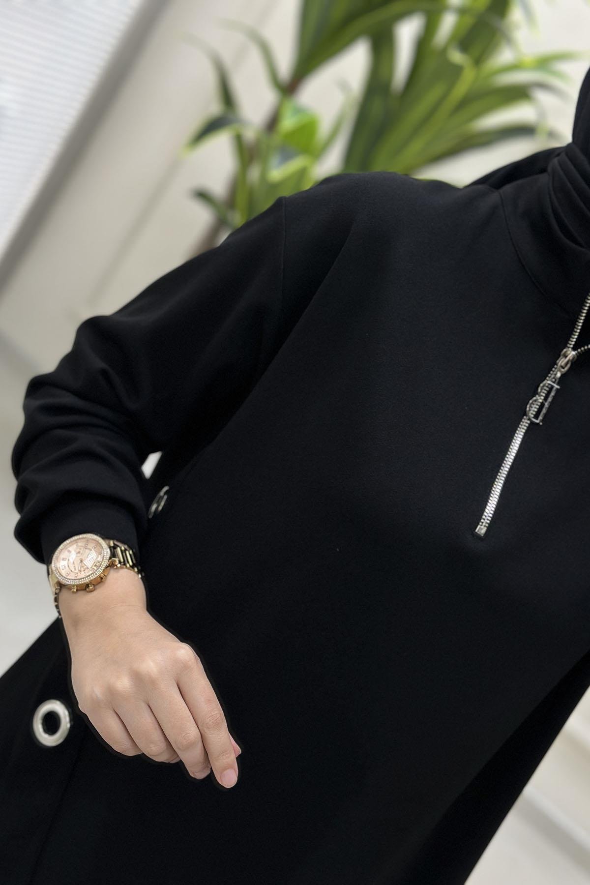 Tesettür Tunik ModelleriBelli Önü Yarım Fermuarlı Kuşgözü Detaylı Kadın Tunik Siyah BELLİ 4005