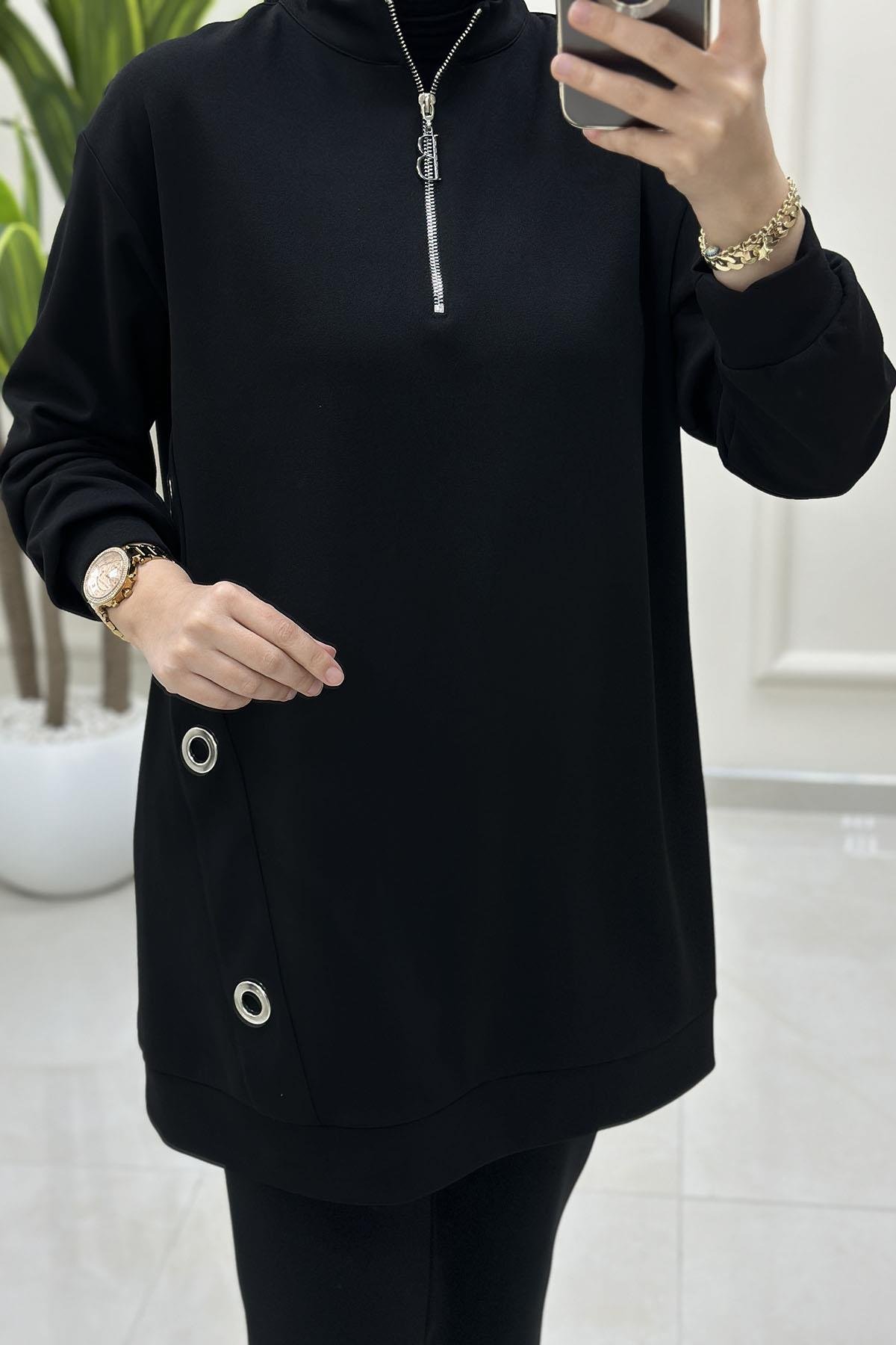 Tesettür Tunik ModelleriBelli Önü Yarım Fermuarlı Kuşgözü Detaylı Kadın Tunik Siyah BELLİ 4005
