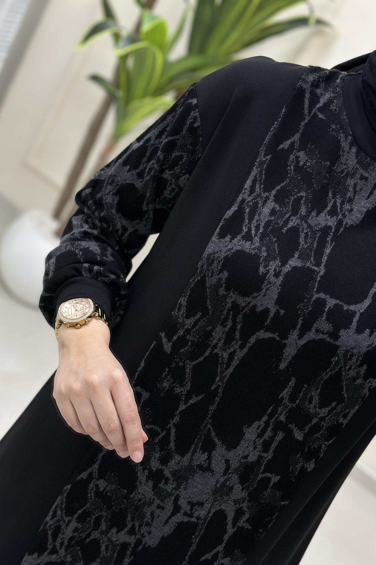 Tesettür Tunik ModelleriDüşük Omuz Çelik Örme Triko Garnili Kadın Tunik Siyah- Gri OTTO 3001