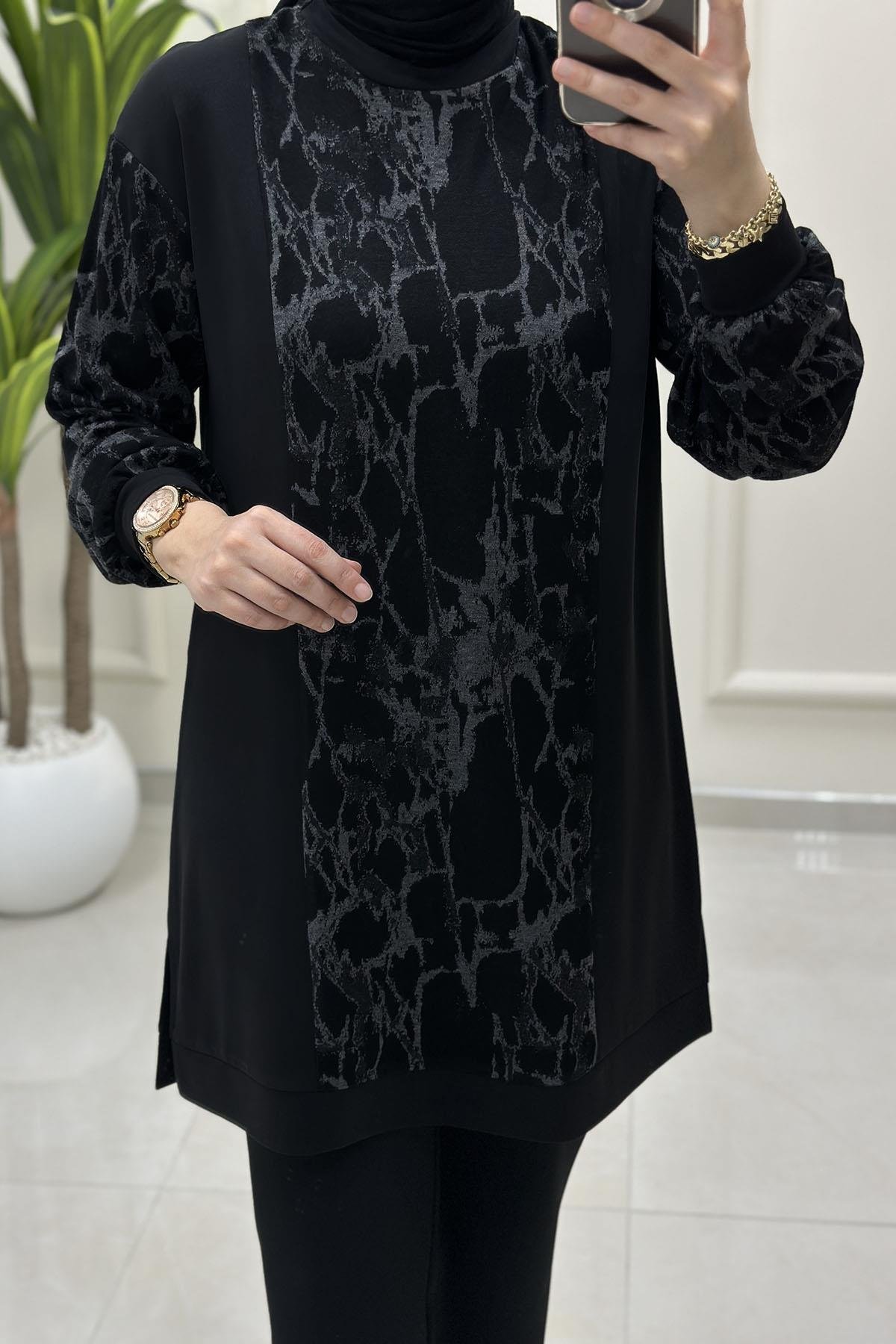 Tesettür Tunik ModelleriDüşük Omuz Çelik Örme Triko Garnili Kadın Tunik Siyah- Gri OTTO 3001