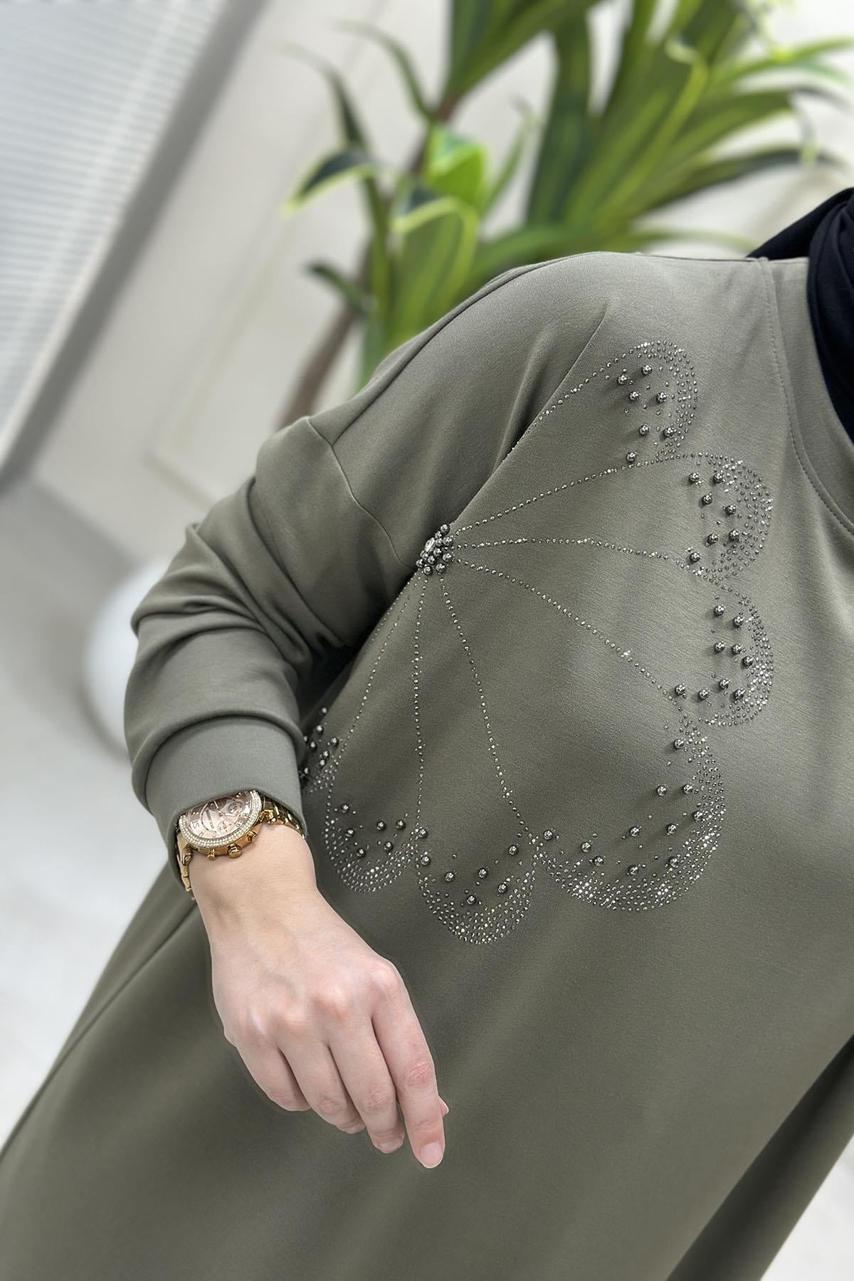 Tesettür Tunik ModelleriDüşük Omuz Çiçek Taş Detaylı Kadın Oysho Tunik Haki MLH 8011