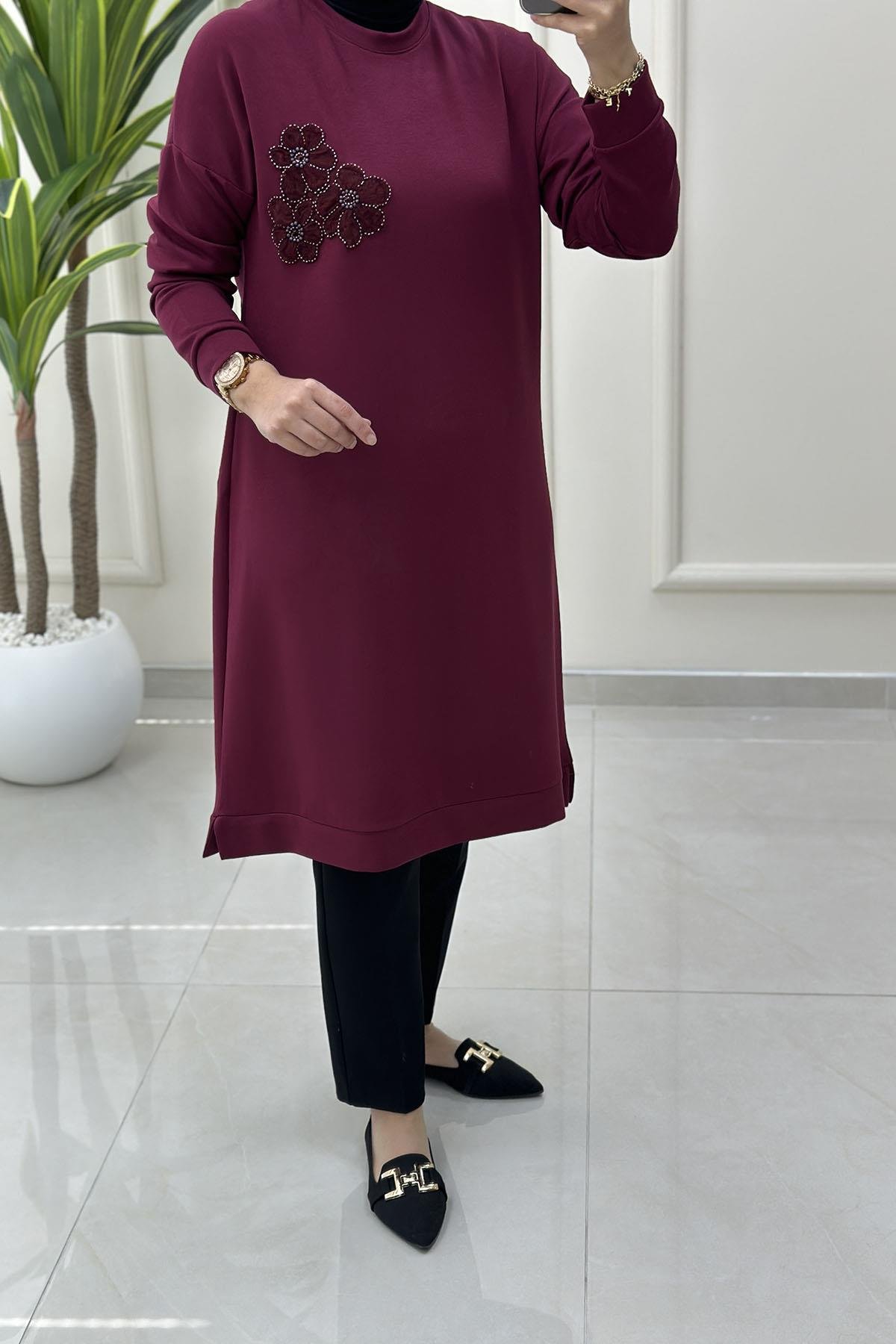 Tesettür Tunik ModelleriDüşük Omuz Çiçek Motif Detaylı Oysho Kadın Tunik Bordo KADO 257336