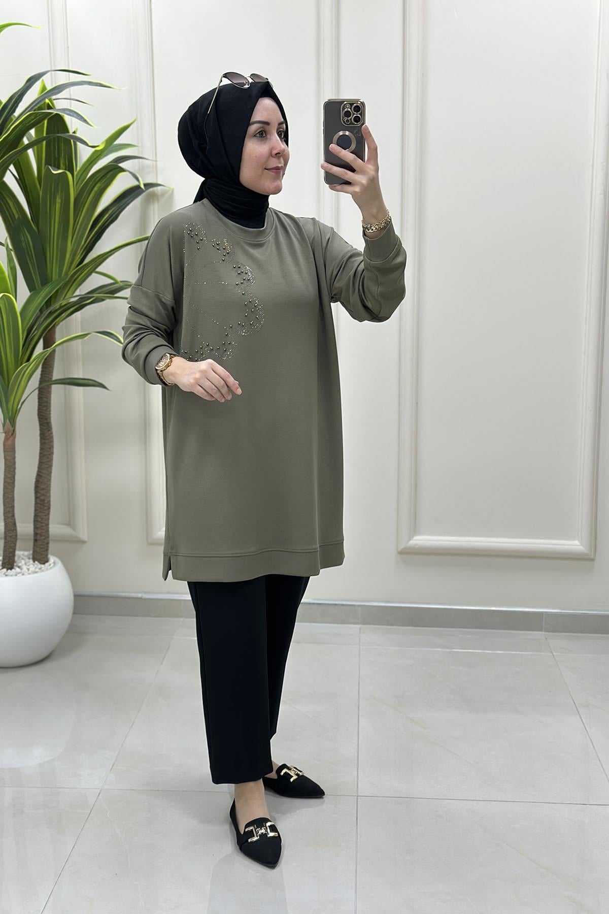 Tesettür Tunik ModelleriDüşük Omuz Çiçek Taş Detaylı Kadın Oysho Tunik Haki MLH 8011
