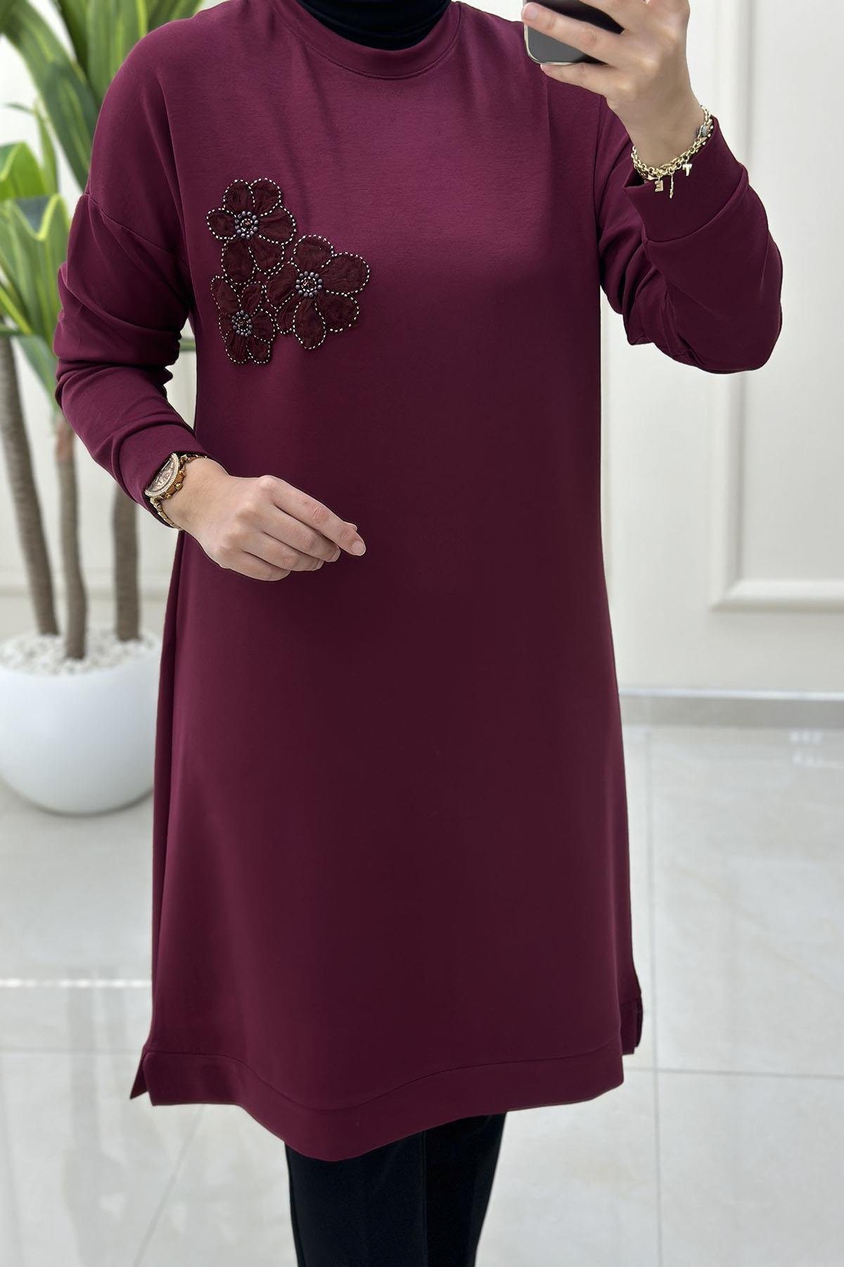 Tesettür Tunik ModelleriDüşük Omuz Çiçek Motif Detaylı Oysho Kadın Tunik Bordo KADO 257336