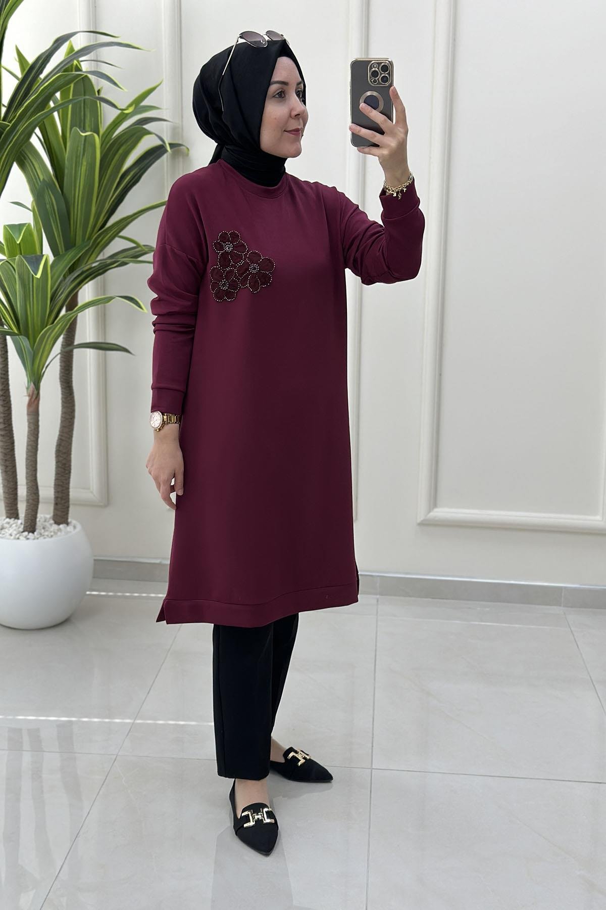 Tesettür Tunik ModelleriDüşük Omuz Çiçek Motif Detaylı Oysho Kadın Tunik Bordo KADO 257336