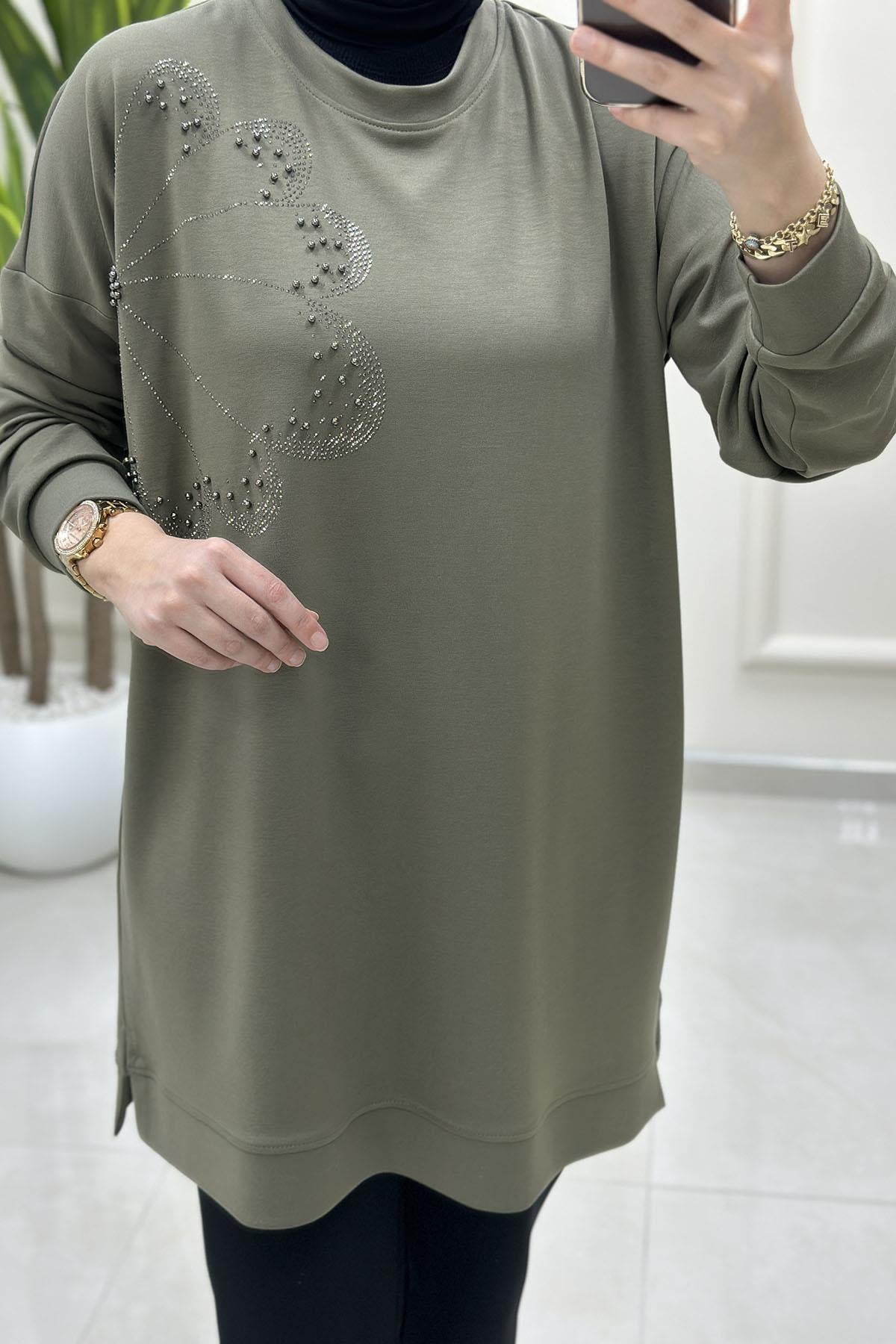 Tesettür Tunik ModelleriDüşük Omuz Çiçek Taş Detaylı Kadın Oysho Tunik Haki MLH 8011