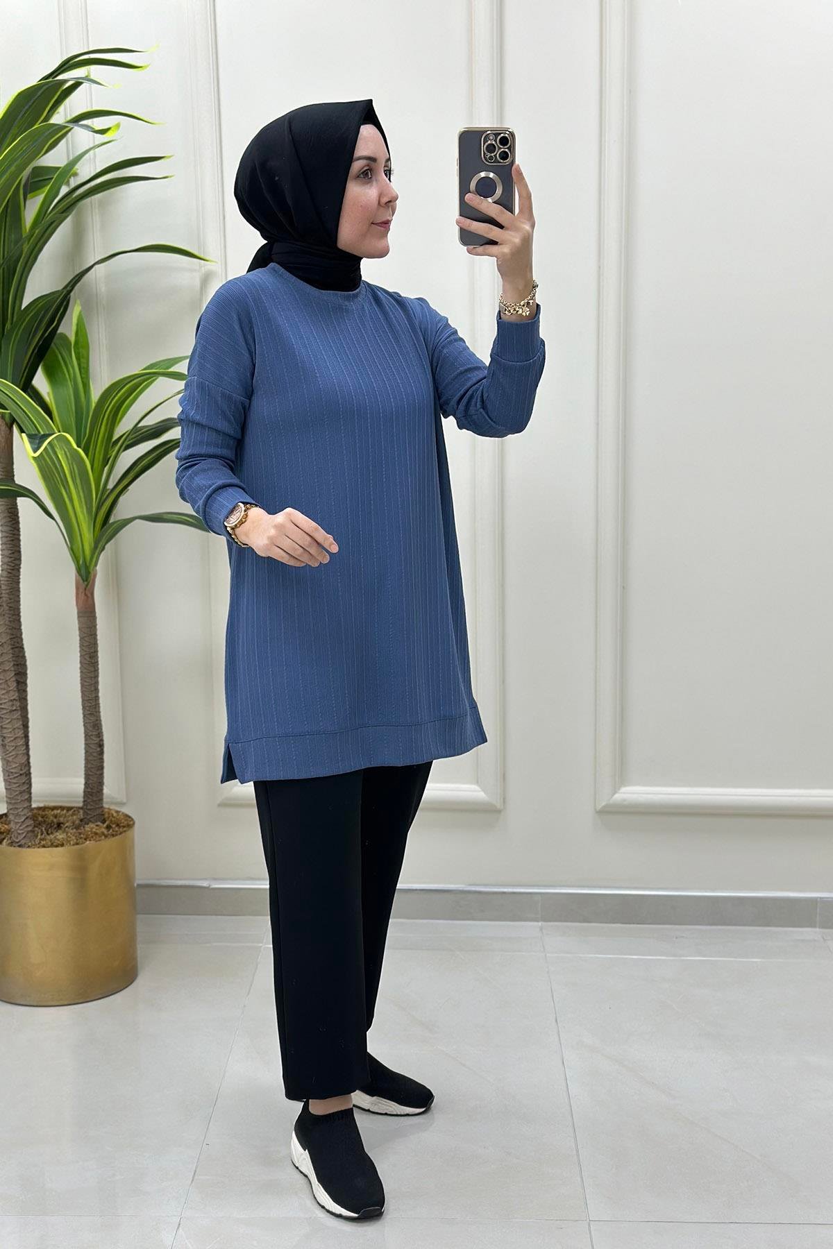 Tesettür Tunik ModelleriDüşük Omuz Fitilli Kadın Tunik İndigo KADO 9627