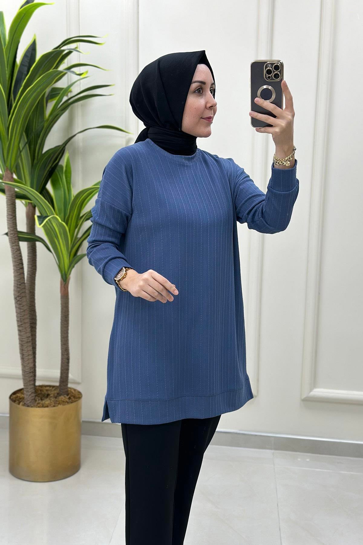 Tesettür Tunik ModelleriDüşük Omuz Fitilli Kadın Tunik İndigo KADO 9627