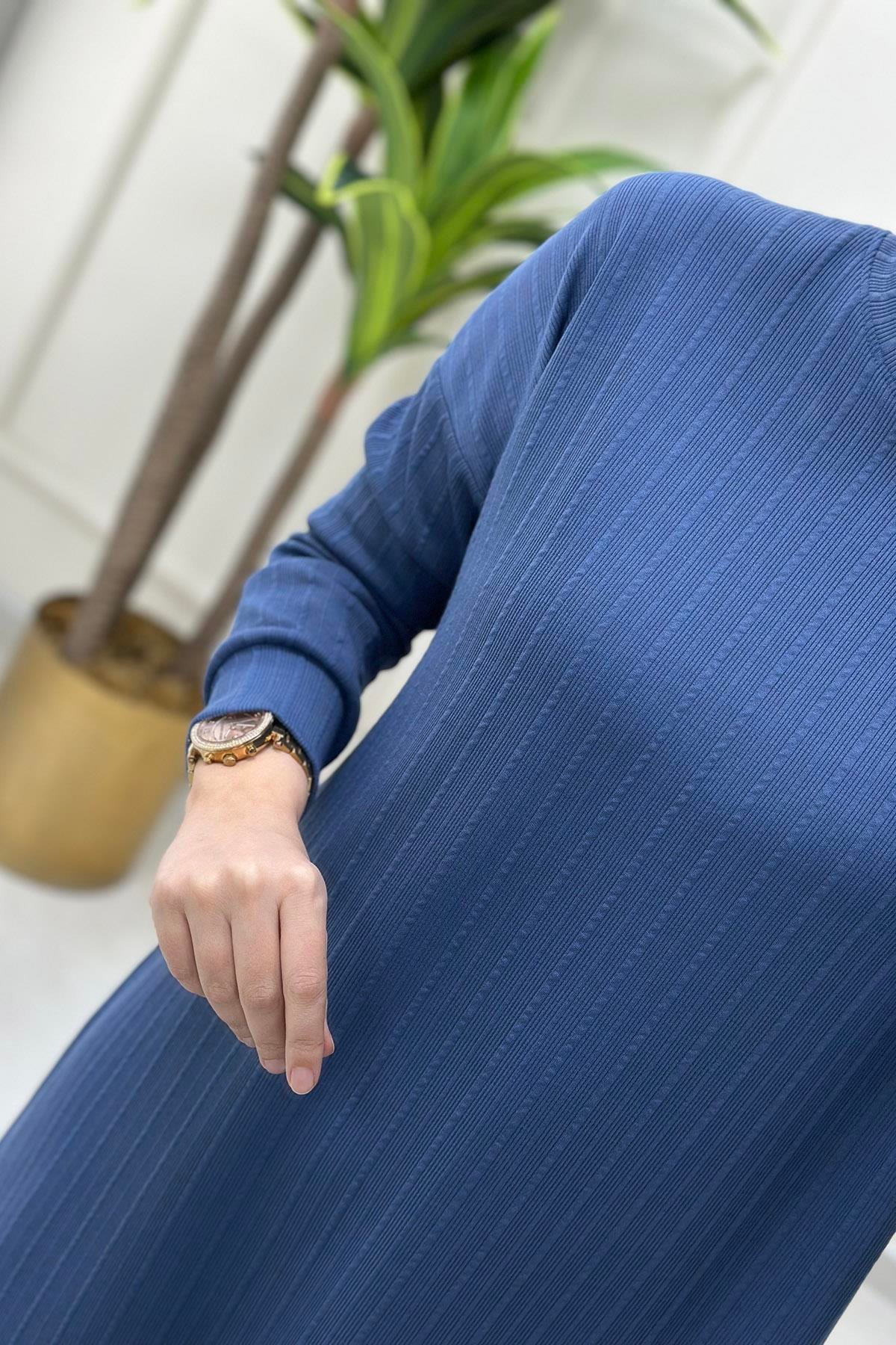 Tesettür Tunik ModelleriDüşük Omuz Fitilli Kadın Tunik İndigo KADO 9627