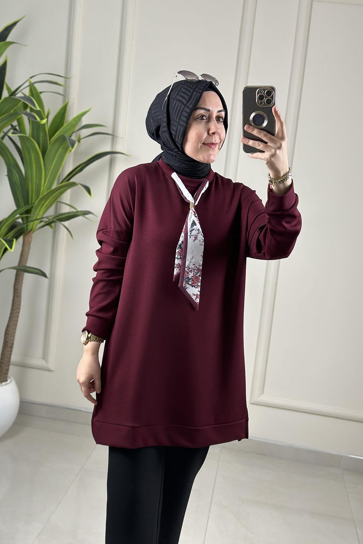 Tesettür Tunik ModelleriDüşük Omuz Fular Detaylı Kadın Tunik Bordo GNR 235