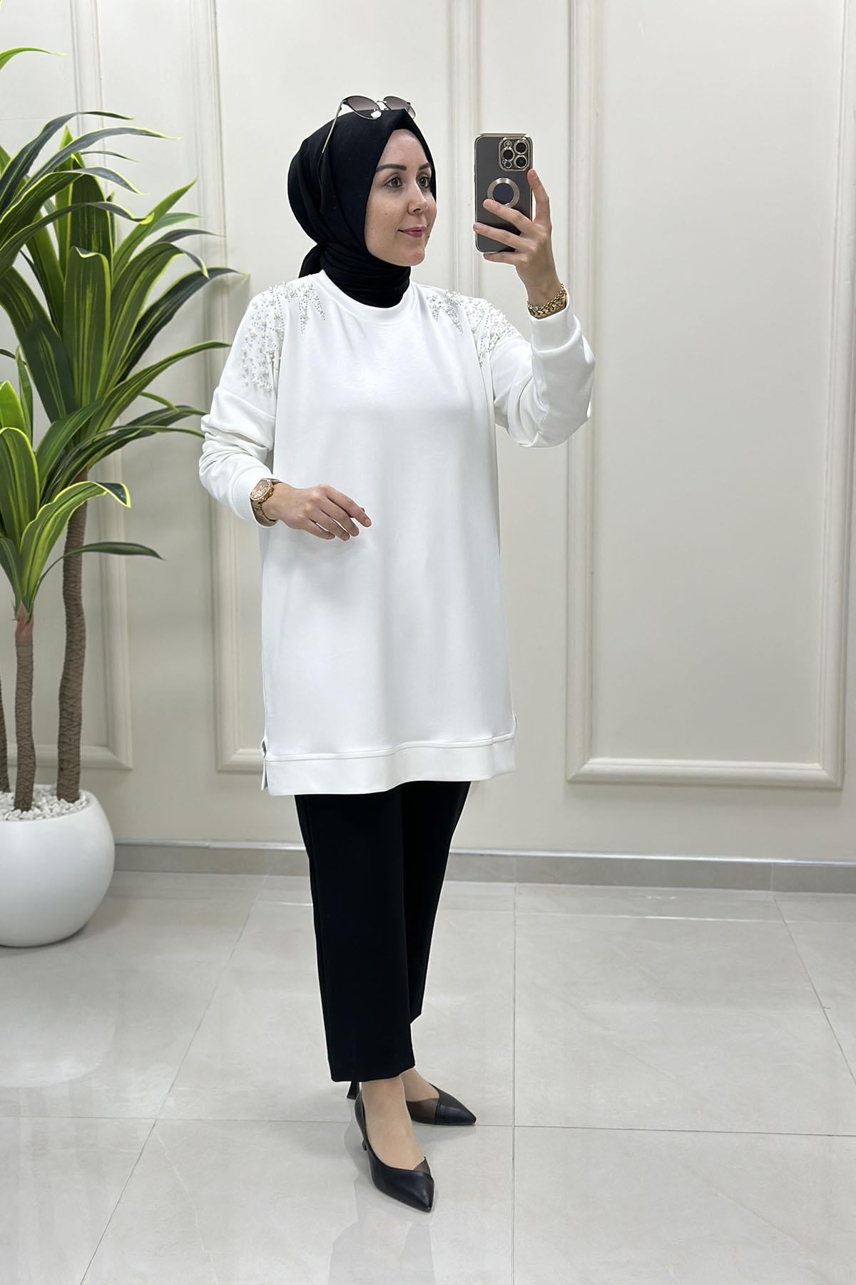 Tesettür Tunik ModelleriDüşük Omuz İnci ve Taş Detaylı Kadın Oysho Tunik Beyaz MLH 8002