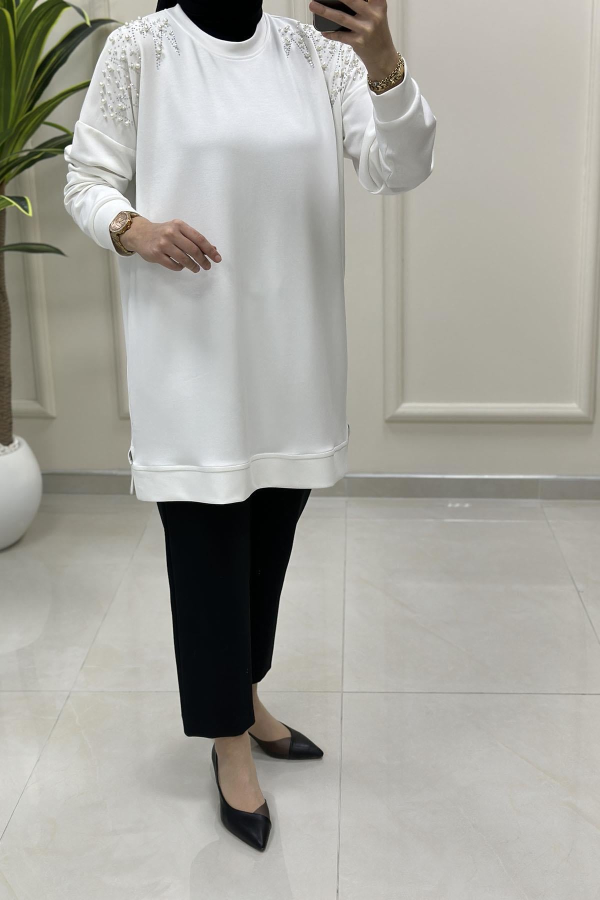 Tesettür Tunik ModelleriDüşük Omuz İnci ve Taş Detaylı Kadın Oysho Tunik Beyaz MLH 8002