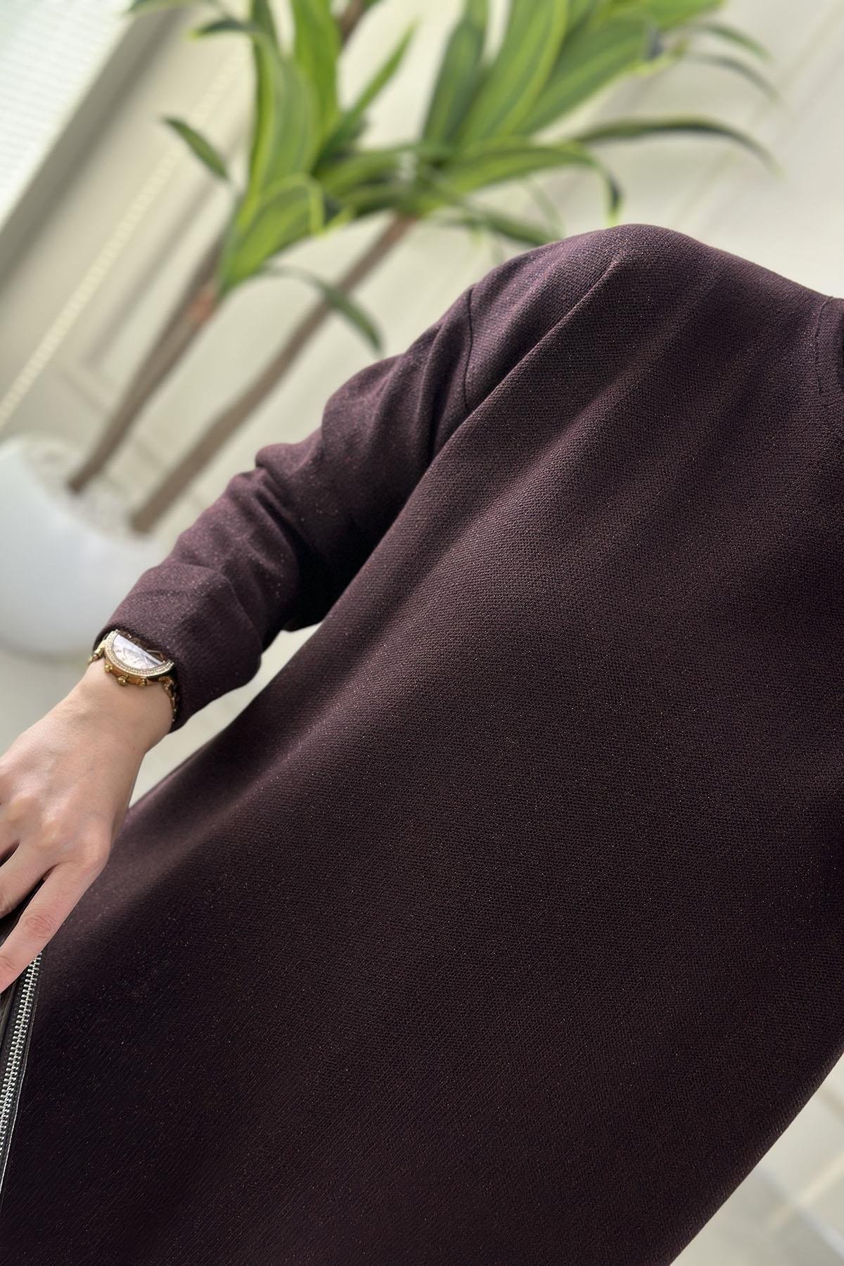 Tesettür Tunik ModelleriDüşük Omuz Katlama Kol Kadın Simli Triko Tunik Kahverengi SRY 5046