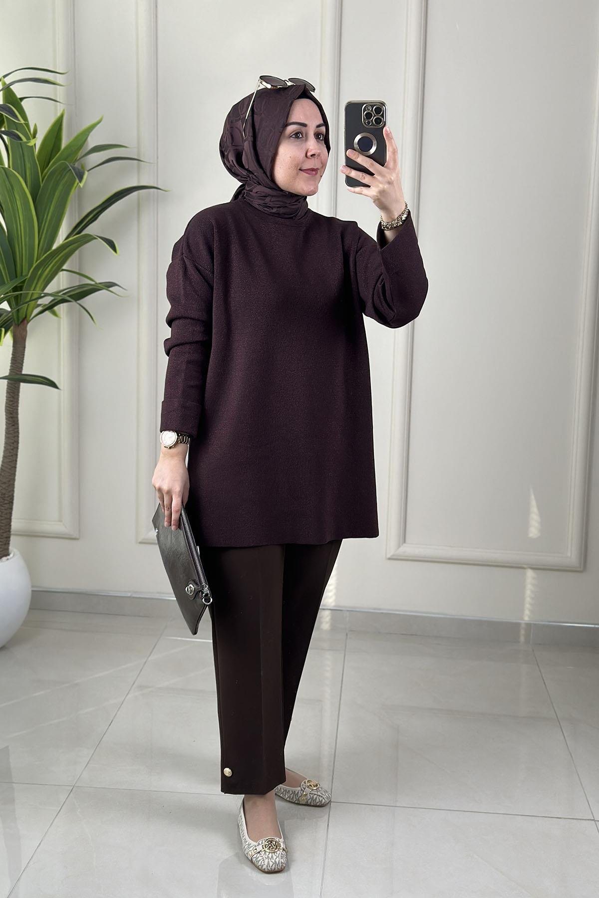 Tesettür Tunik ModelleriDüşük Omuz Katlama Kol Kadın Simli Triko Tunik Kahverengi SRY 5046