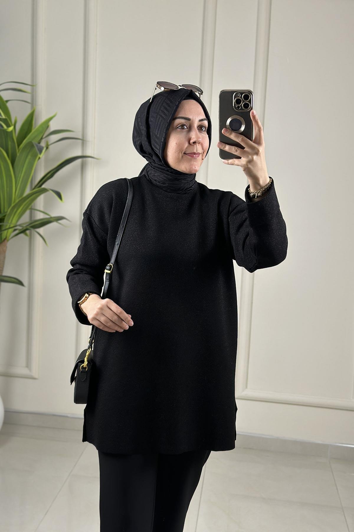 Tesettür Tunik ModelleriDüşük Omuz Katlama Kol Kadın Simli Triko Tunik Siyah SRY 5046