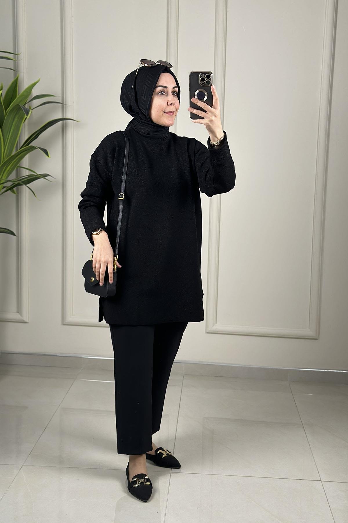 Tesettür Tunik ModelleriDüşük Omuz Katlama Kol Kadın Simli Triko Tunik Siyah SRY 5046