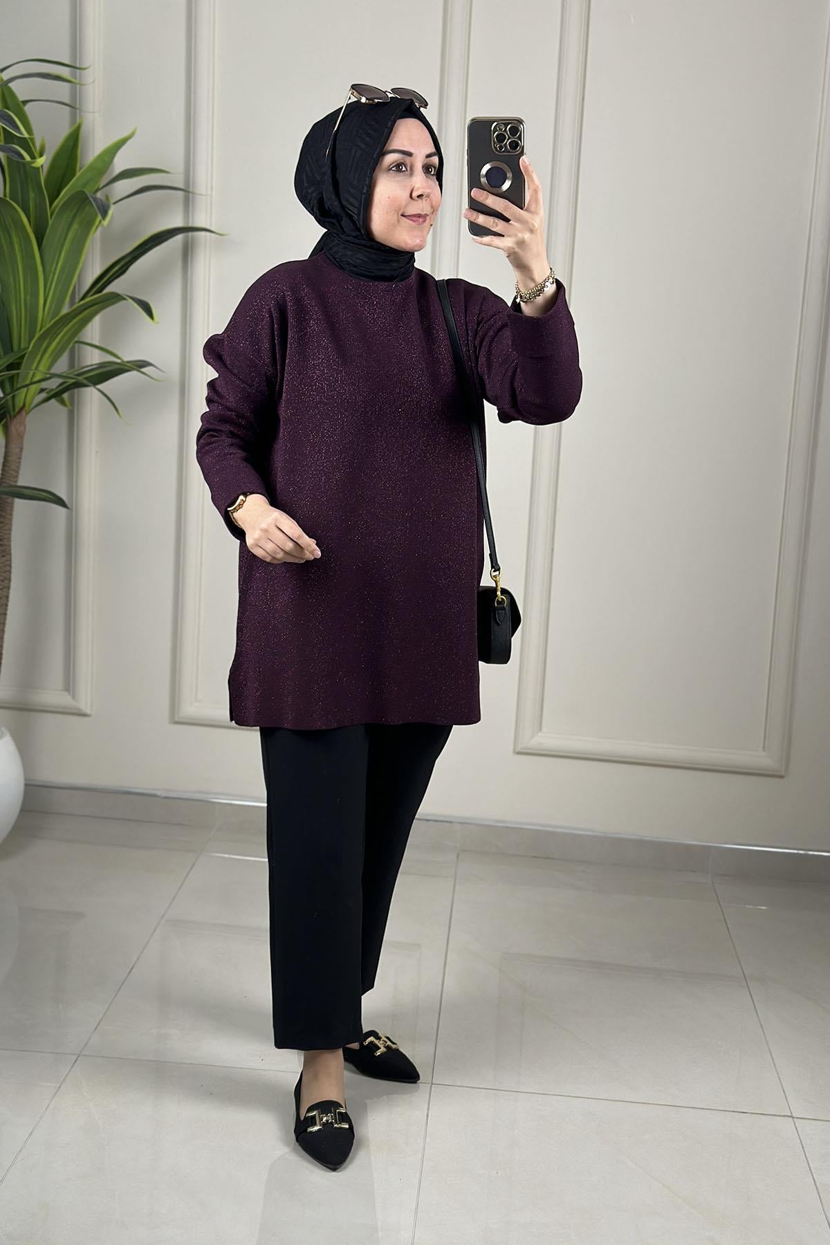 Tesettür Tunik ModelleriDüşük Omuz Katlama Kol Kadın Simli Triko Tunik Bordo SRY 5046