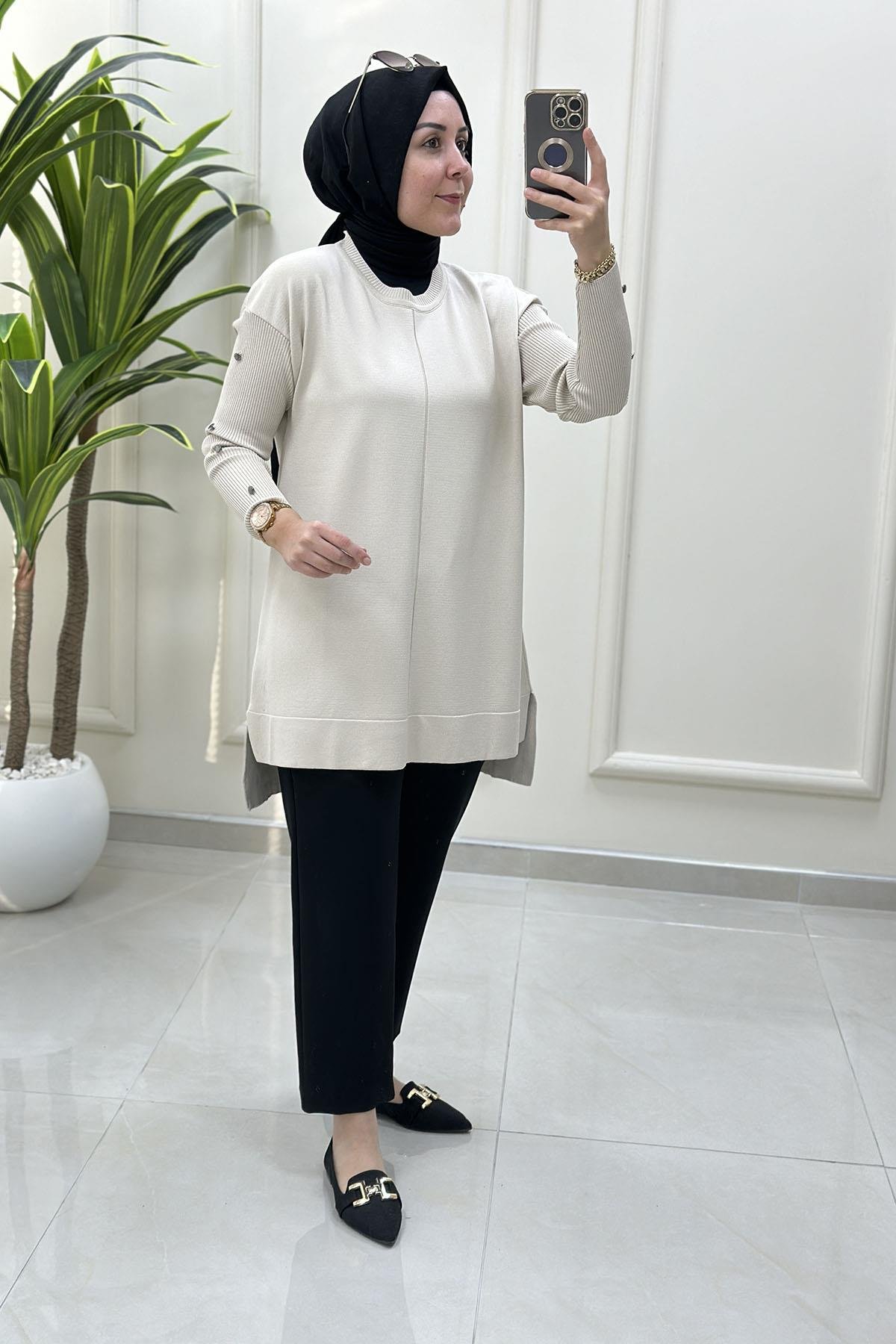 Tesettür Tunik ModelleriDüşük Omuz Kol Düğme Detaylı Kadın Merserize Tunik Taş KADO 2725014