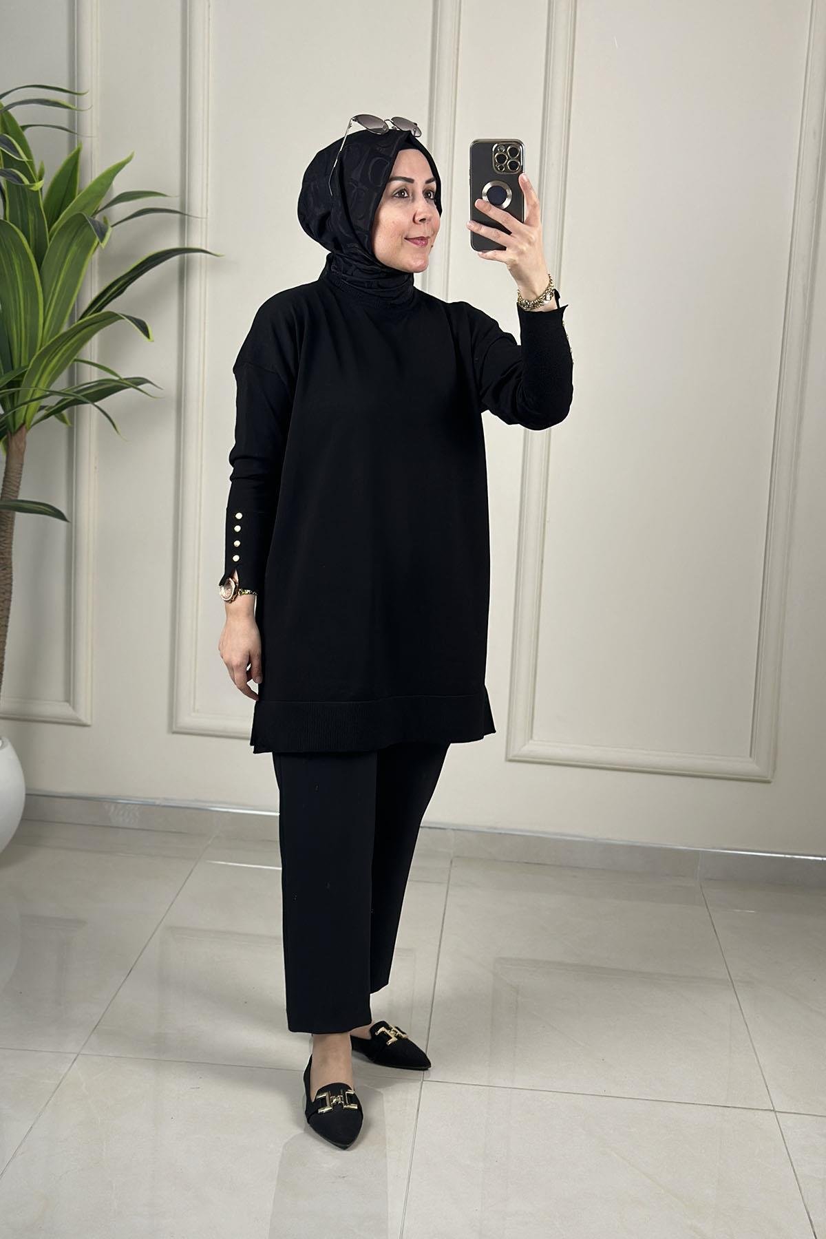 Tesettür Tunik ModelleriDüşük Omuz Kol Düğme Detaylı Kadın Triko Tunik Siyah SRY 4106