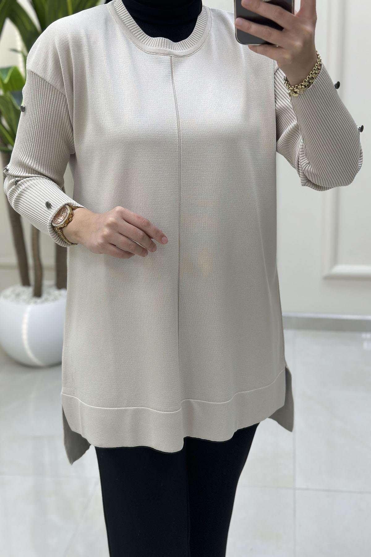 Tesettür Tunik ModelleriDüşük Omuz Kol Düğme Detaylı Kadın Merserize Tunik Taş KADO 2725014