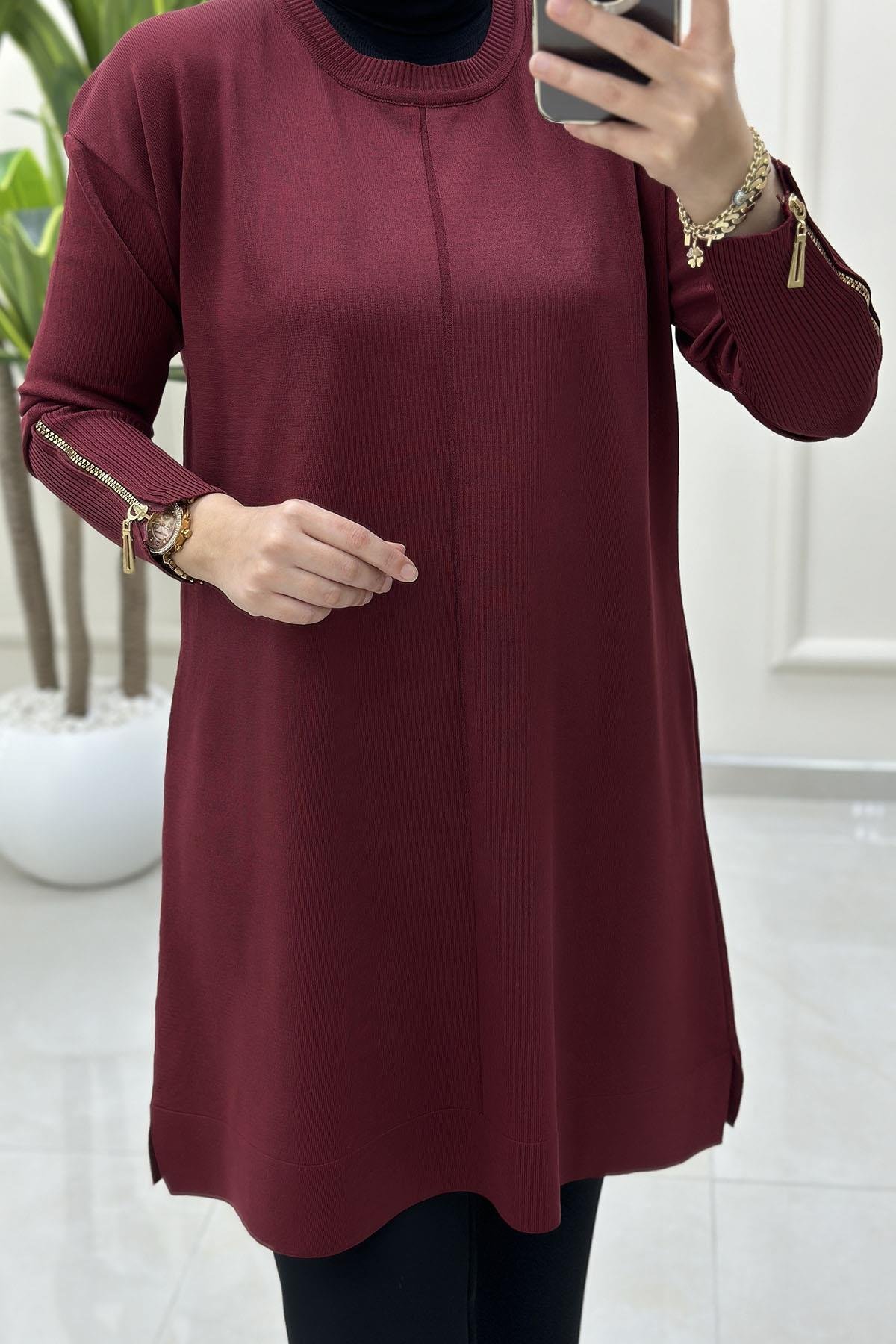Tesettür Tunik ModelleriDüşük Omuz Kolu Fermuarlı Kadın Merserize Tunik Bordo KADO 2725017