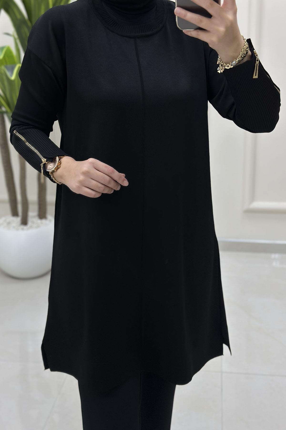 Tesettür Tunik ModelleriDüşük Omuz Kolu Fermuarlı Kadın Merserize Tunik Siyah KADO 2725017