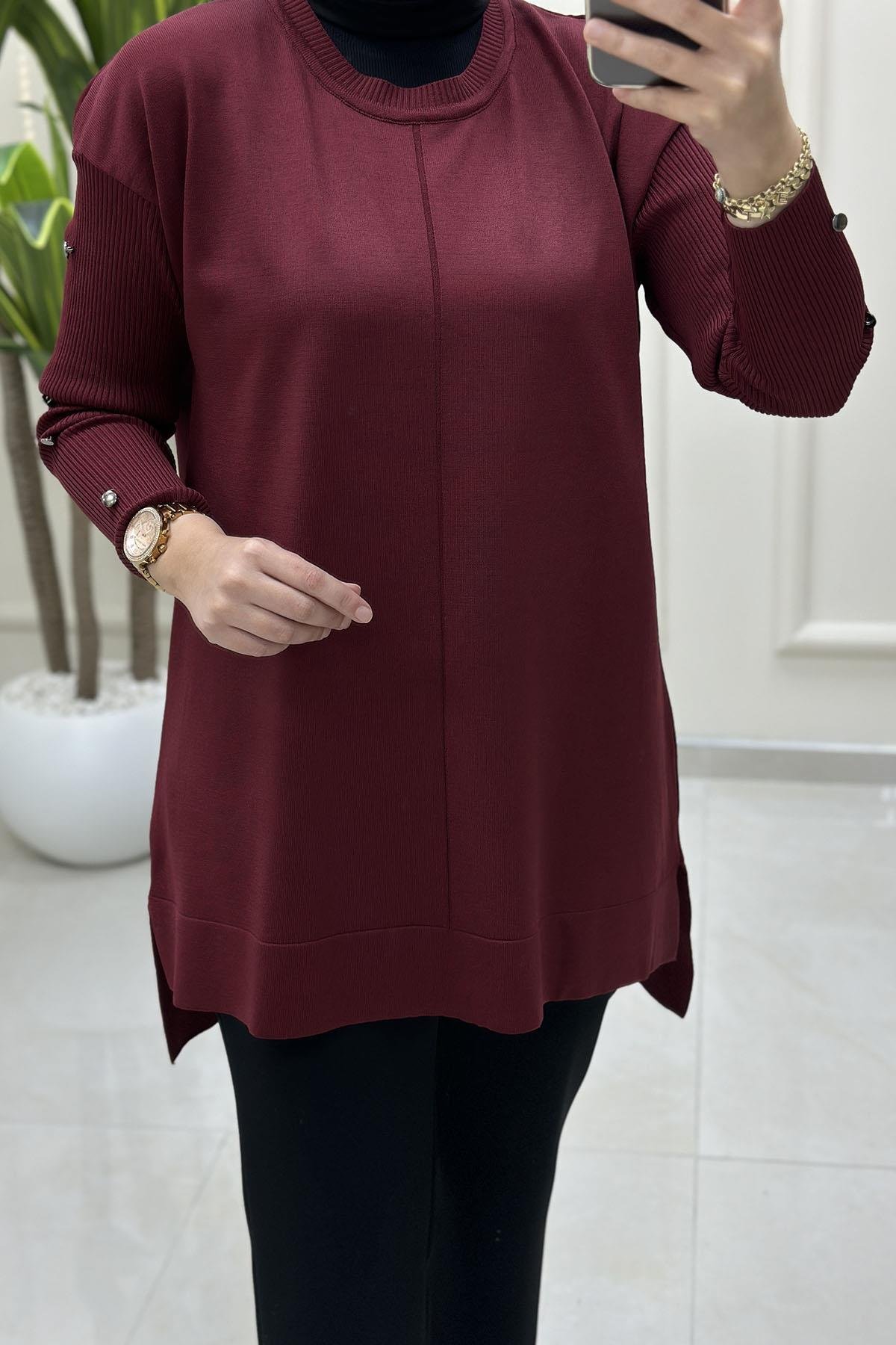 Tesettür Tunik ModelleriDüşük Omuz Kol Düğme Detaylı Kadın Merserize Tunik Bordo KADO 2725014